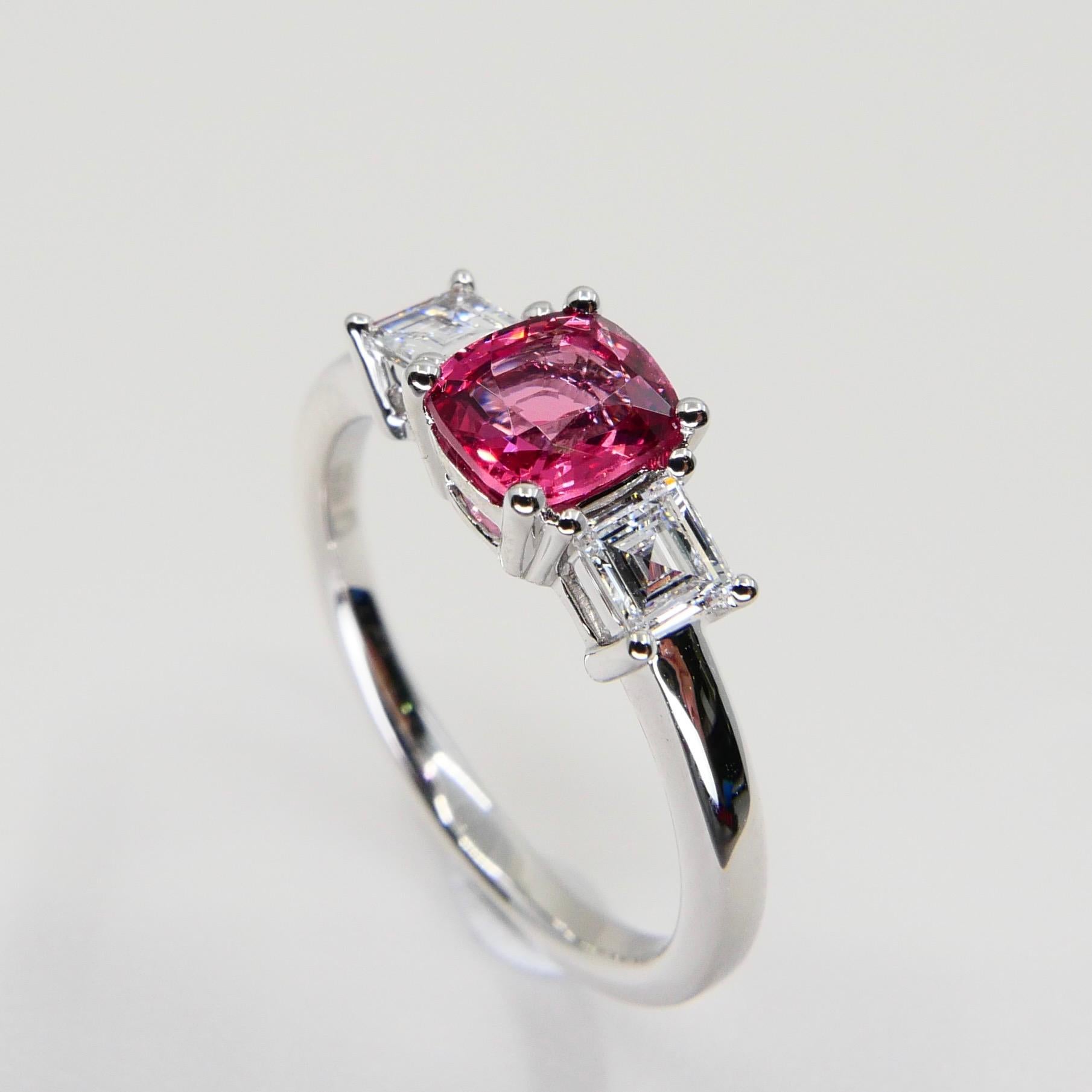 Natural Vivid Pink Spinel & Diamond 3 Stone Cocktail Ring, Glows For Sale 5