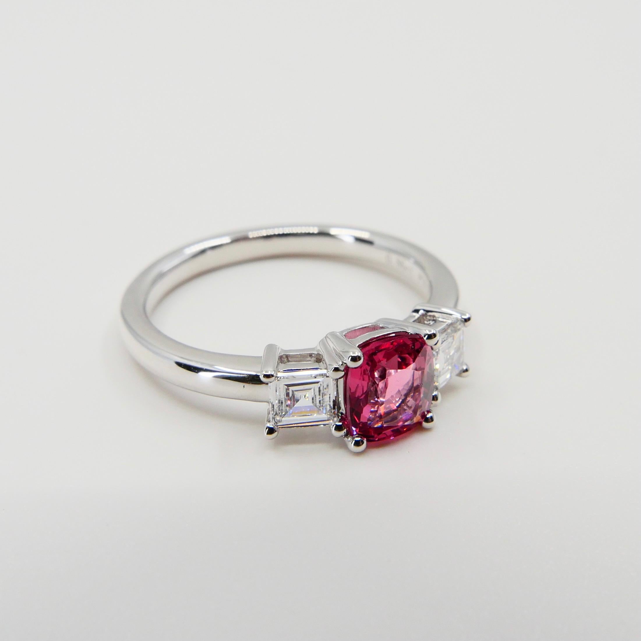 Natural Vivid Pink Spinel & Diamond 3 Stone Cocktail Ring, Glows For Sale 7