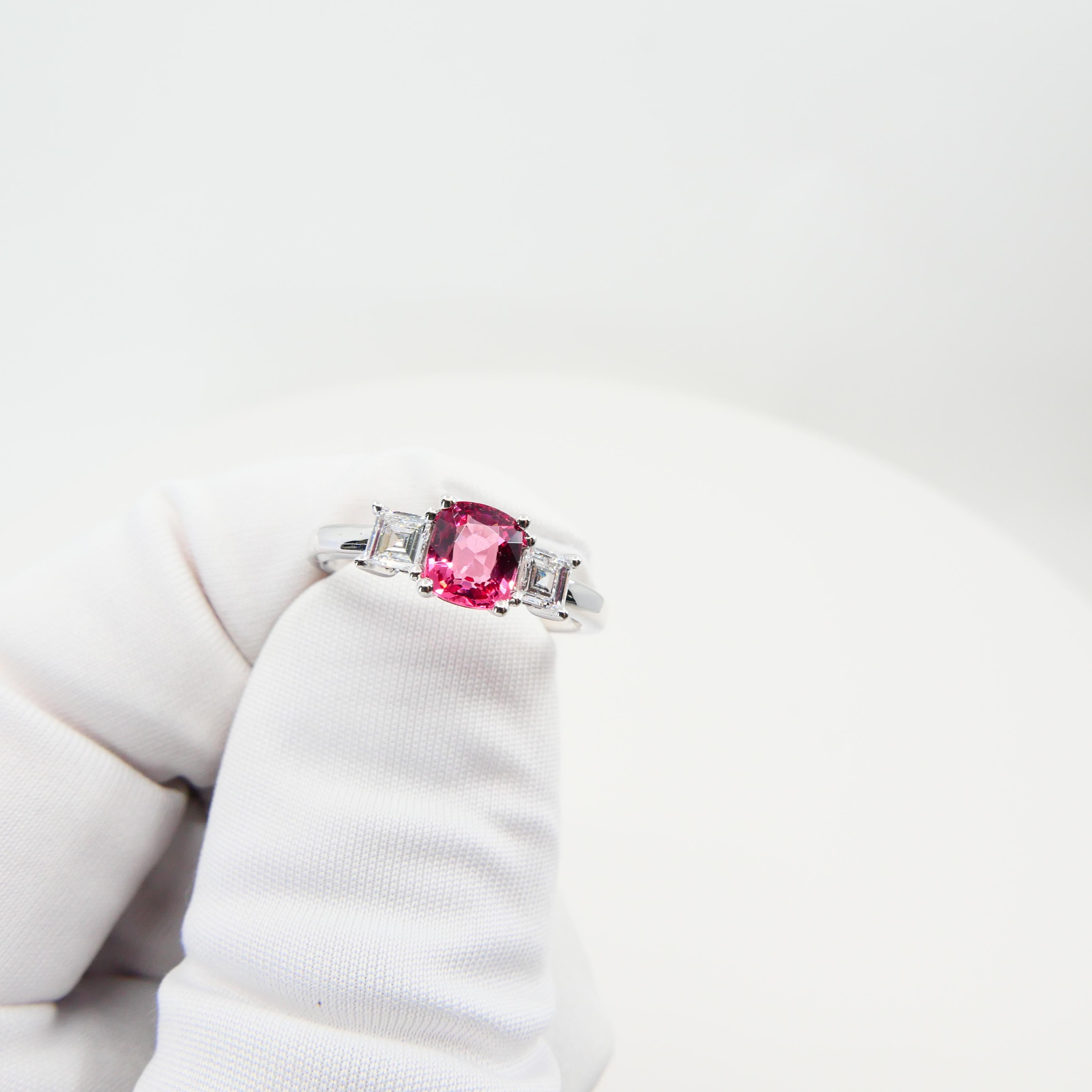 Cushion Cut Natural Vivid Pink Spinel & Diamond 3 Stone Cocktail Ring, Glows For Sale
