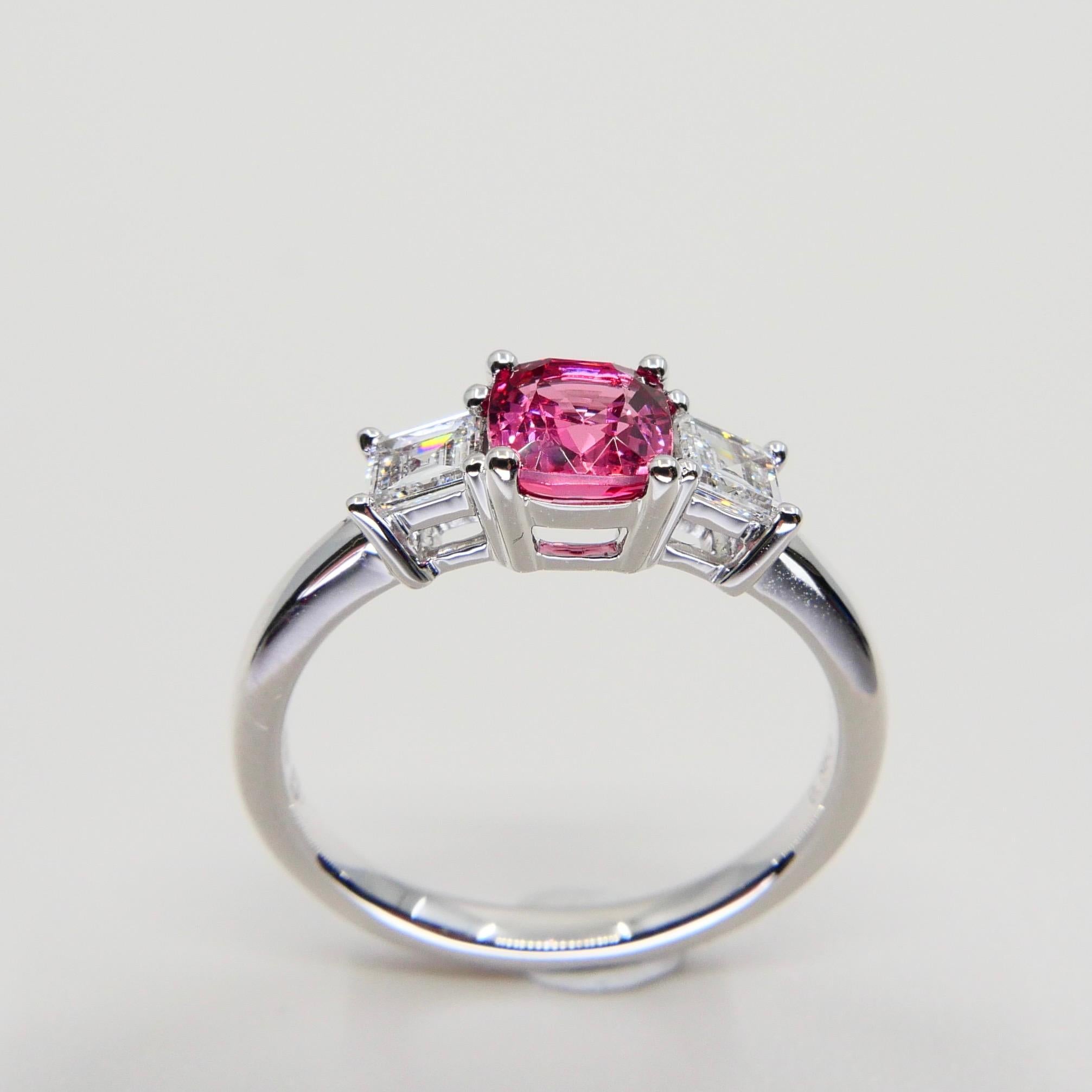 Women's Natural Vivid Pink Spinel & Diamond 3 Stone Cocktail Ring, Glows For Sale
