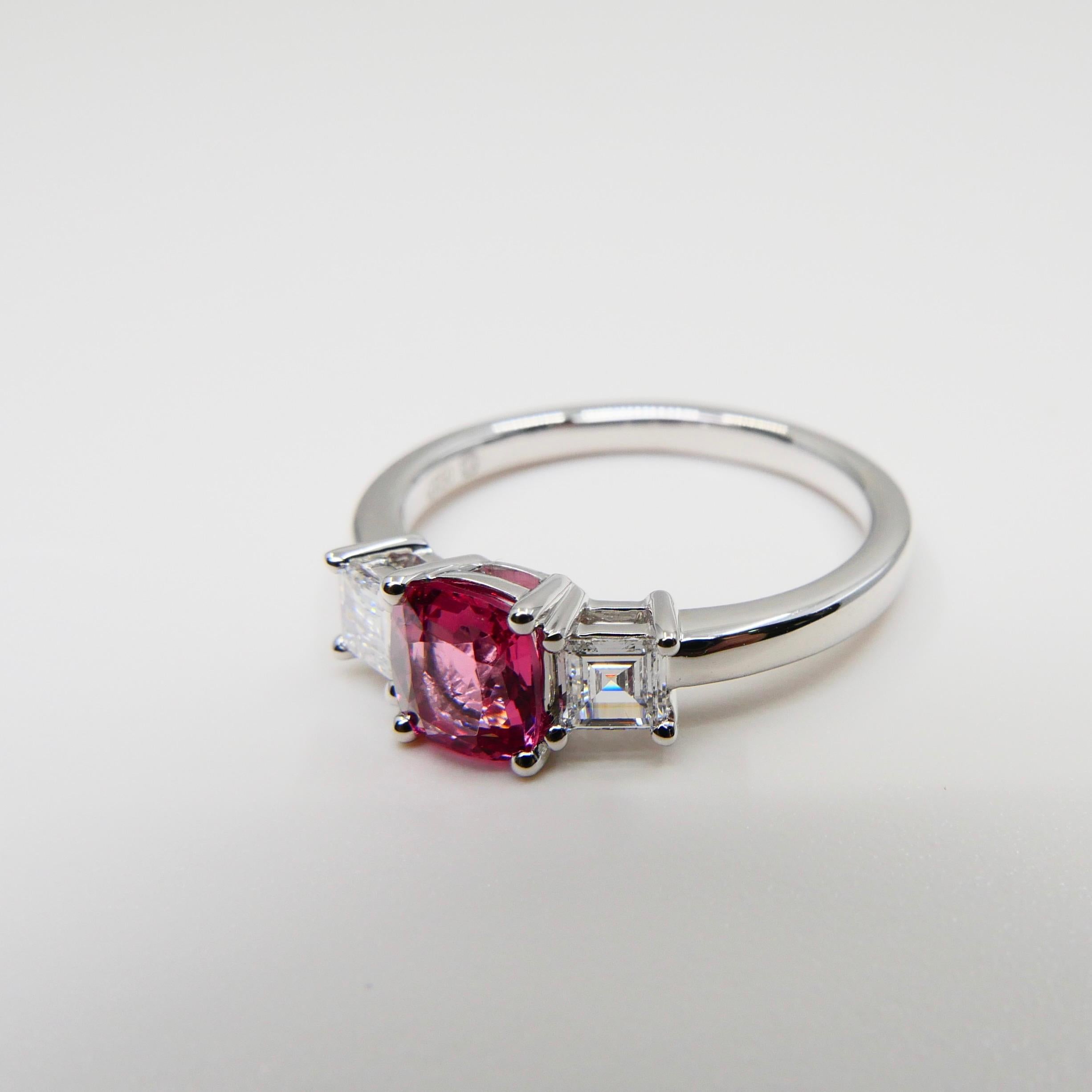 Natural Vivid Pink Spinel & Diamond 3 Stone Cocktail Ring, Glows For Sale 2
