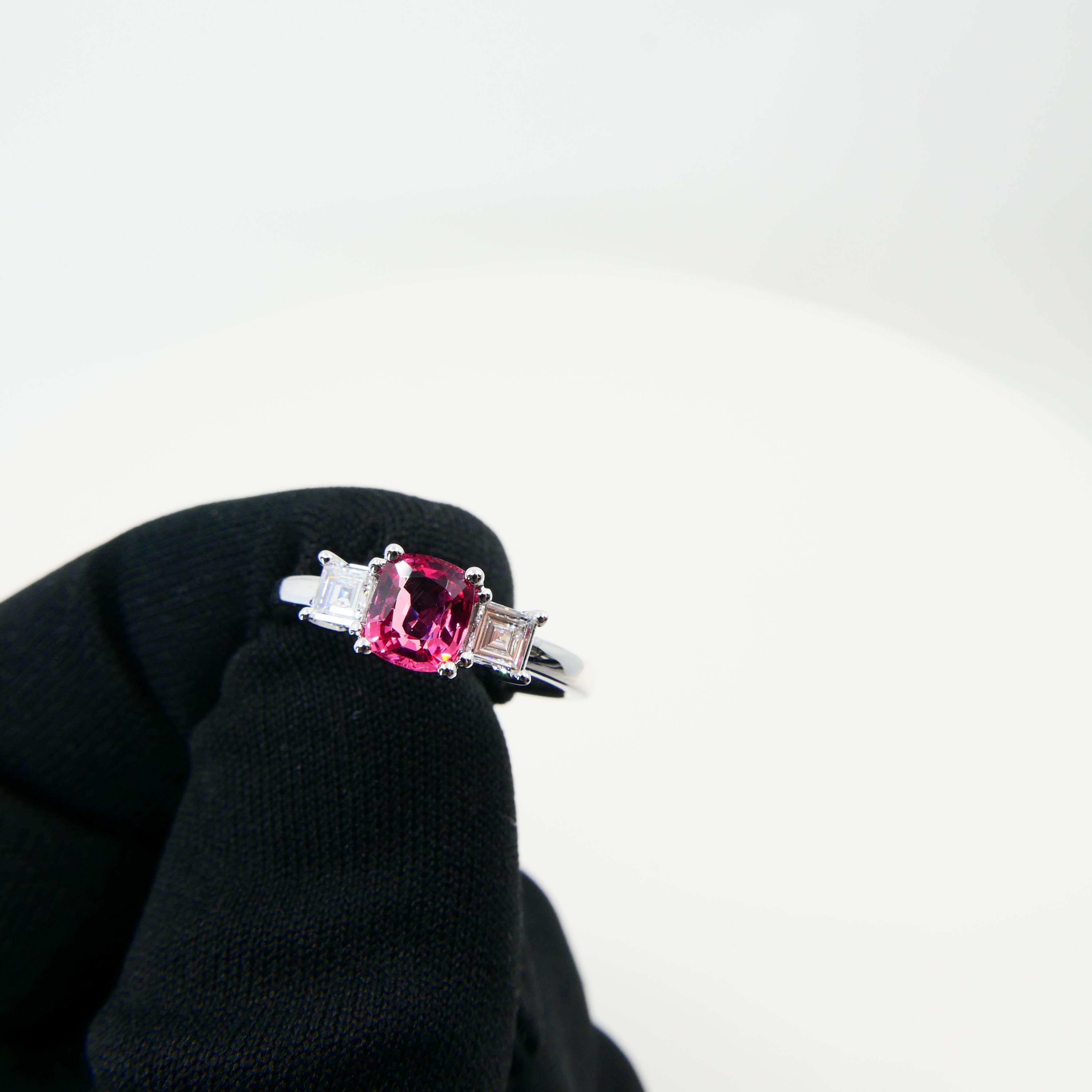 Natural Vivid Pink Spinel & Diamond 3 Stone Cocktail Ring, Glows For Sale 3