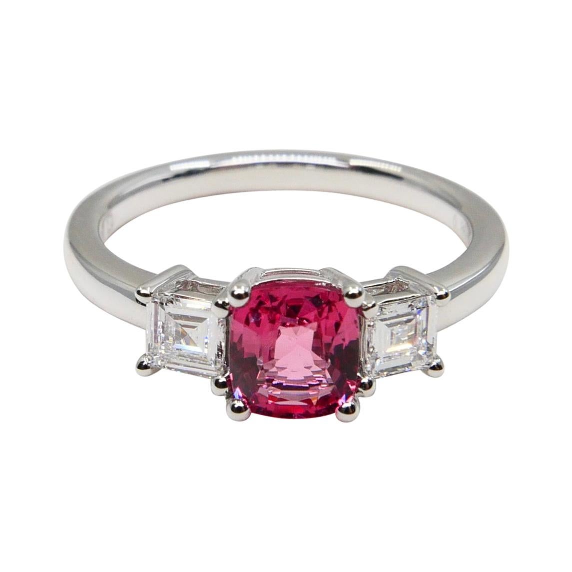 Natural Vivid Pink Spinel & Diamond 3 Stone Cocktail Ring, Glows For Sale