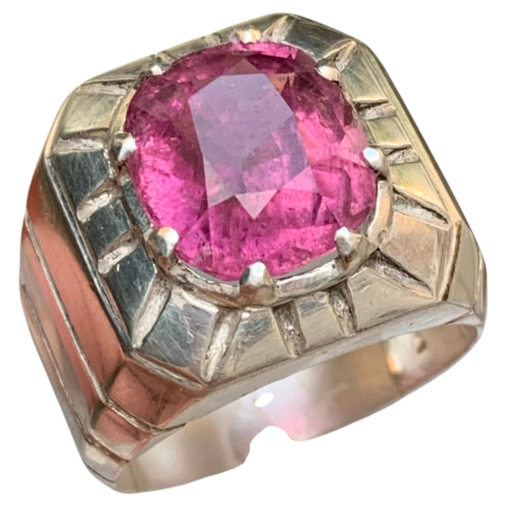 Natural Vivid Pink Tourmaline Ring in 925 Sterling Silver-Handmade Size US 9.5 in vendita