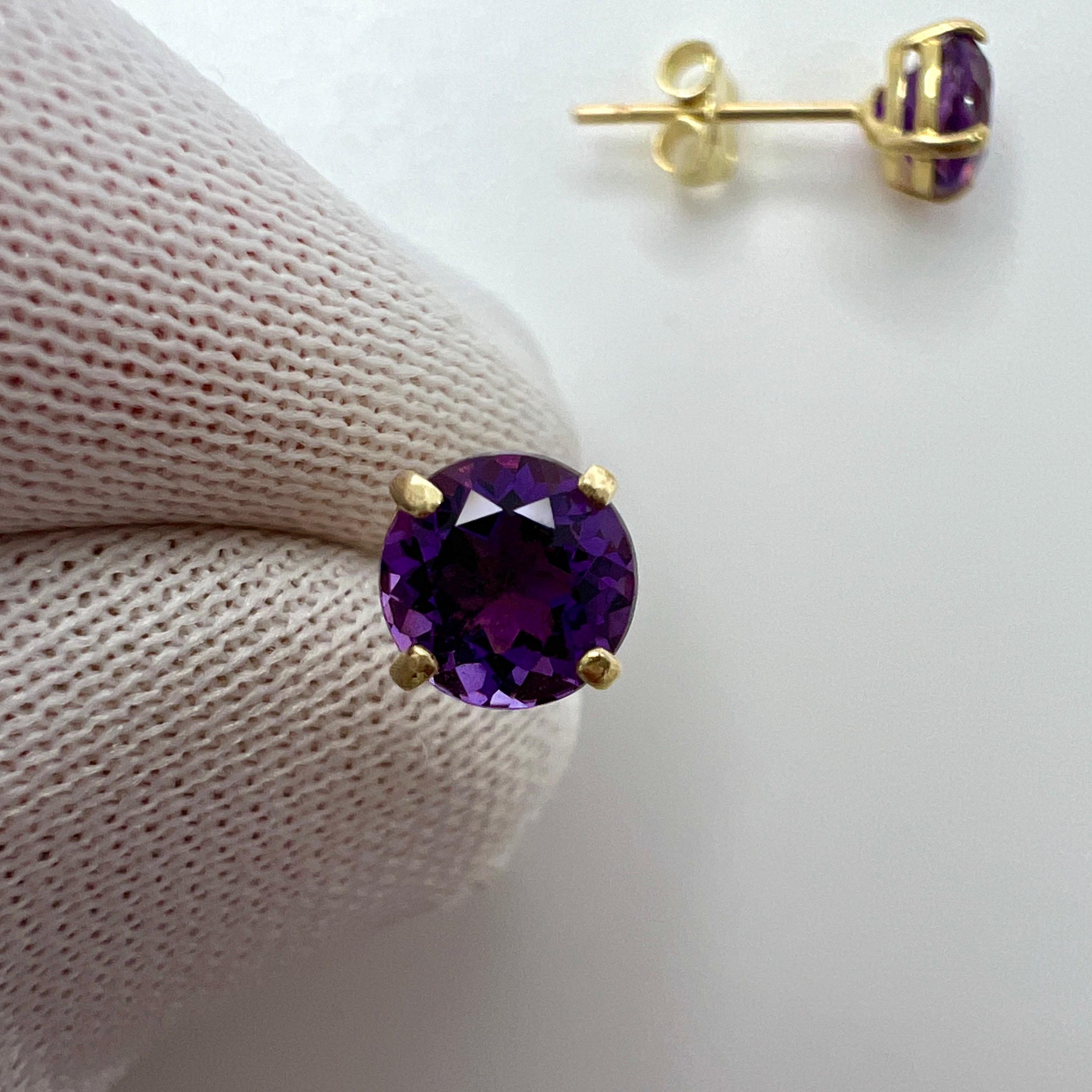 Natural Vivid Deep Purple Amethyst Yellow Gold Round Cut Stud Earrings.

Beautiful 5mm matching pair of round amethysts with a vivid deep purple colour, excellent clarity and an excellent round brilliant cut. 

The gemstones may vary slightly from