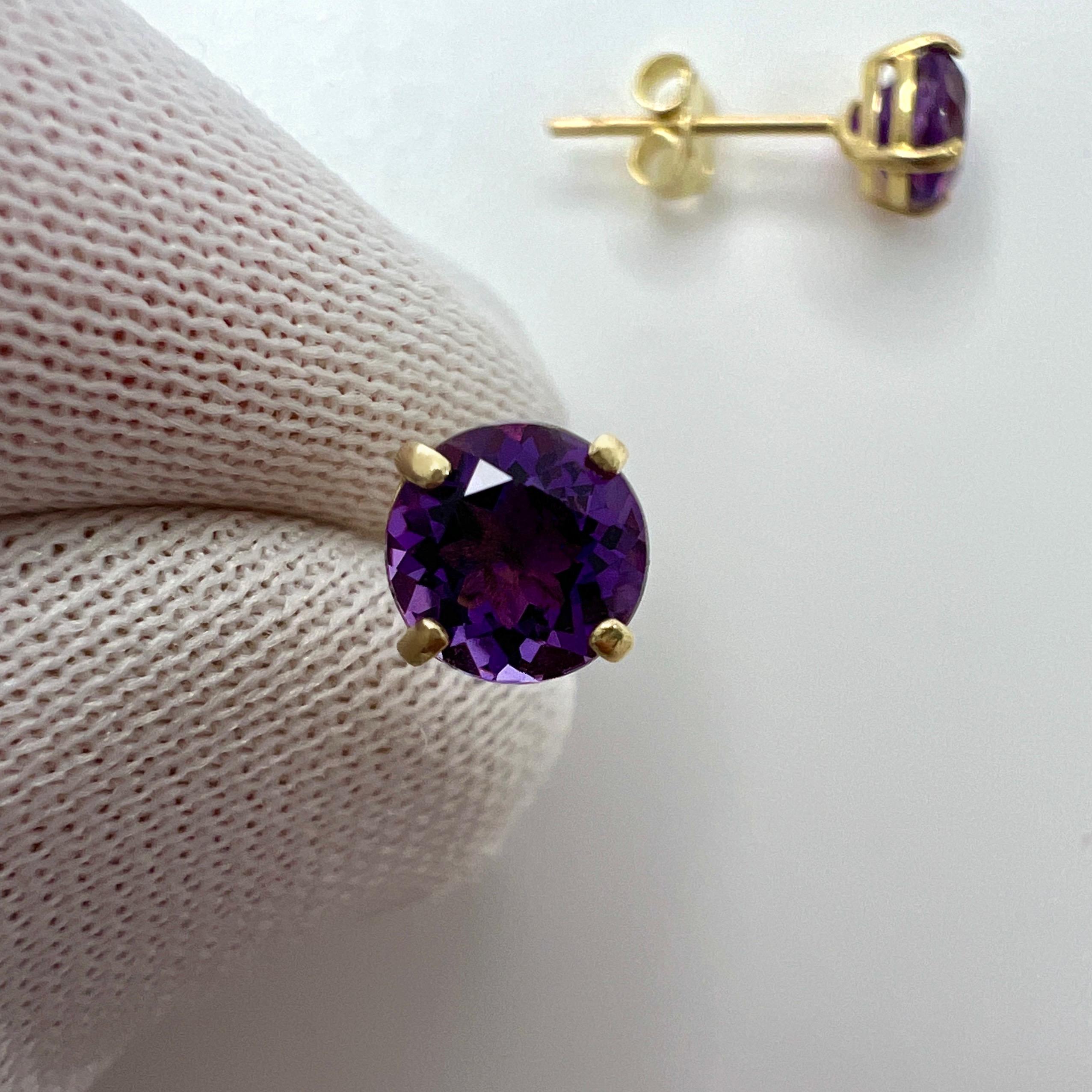 Natural Vivid Purple Amethyst 9k Yellow Gold 5mm Round Cut Stud Earrings For Sale 1