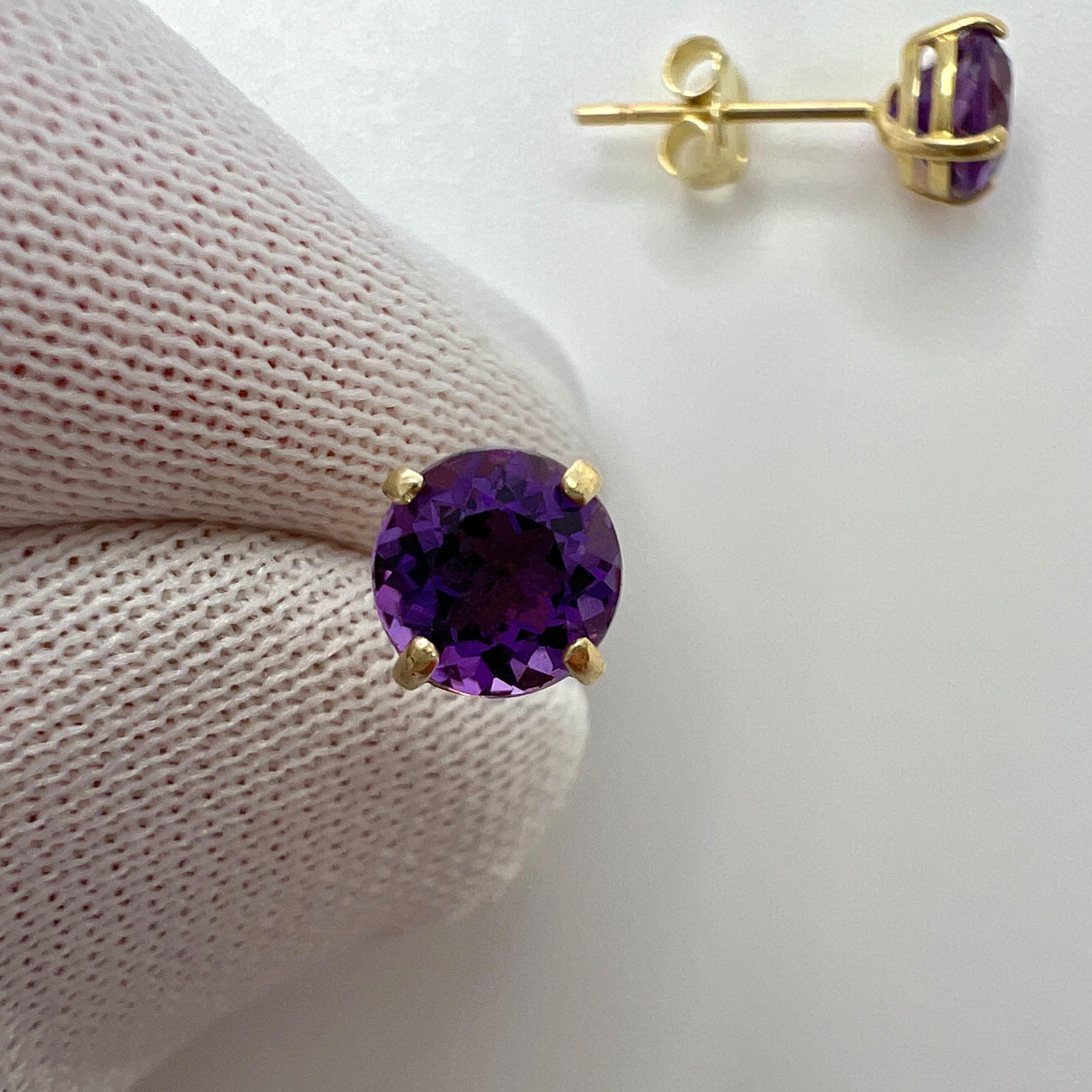 Natural Vivid Purple Amethyst 9k Yellow Gold 5mm Round Cut Stud Earrings For Sale 2