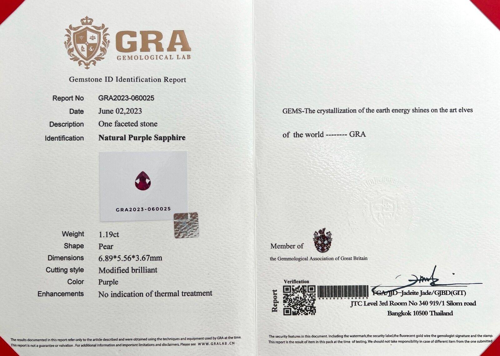 Pear Cut Natural Vivid Purple Sapphire 1.19ct GRA Certified Untreated Pear Gem 6.8x5.5mm For Sale
