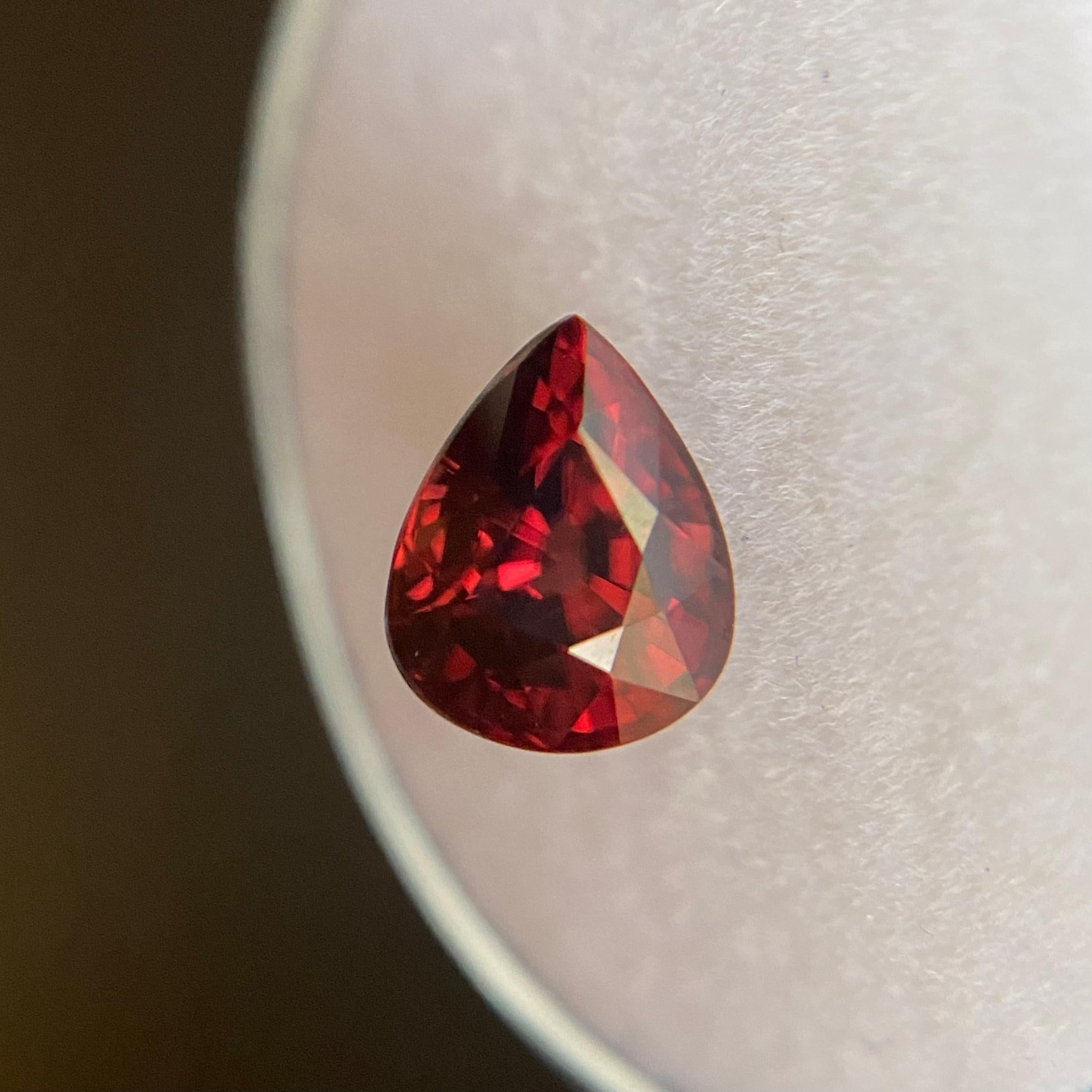 Deep Red Natural Zircon Gemstone.

2.37Carat with a beautiful deep red colour and excellent clarity. Clean stone with only some small natural inclusions visible when looking closely.
Also has an excellent pear teardrop cut with good proportions and