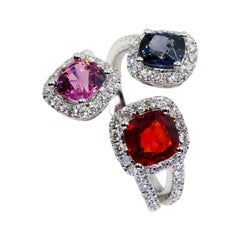 Natural Vivid Red, Pink, Blue Spinels & Diamond Cocktail Ring, Glows