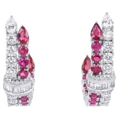 Natural Vivid Red Ruby Earrings 3.04 Ct. Round Shape 18K White Gold