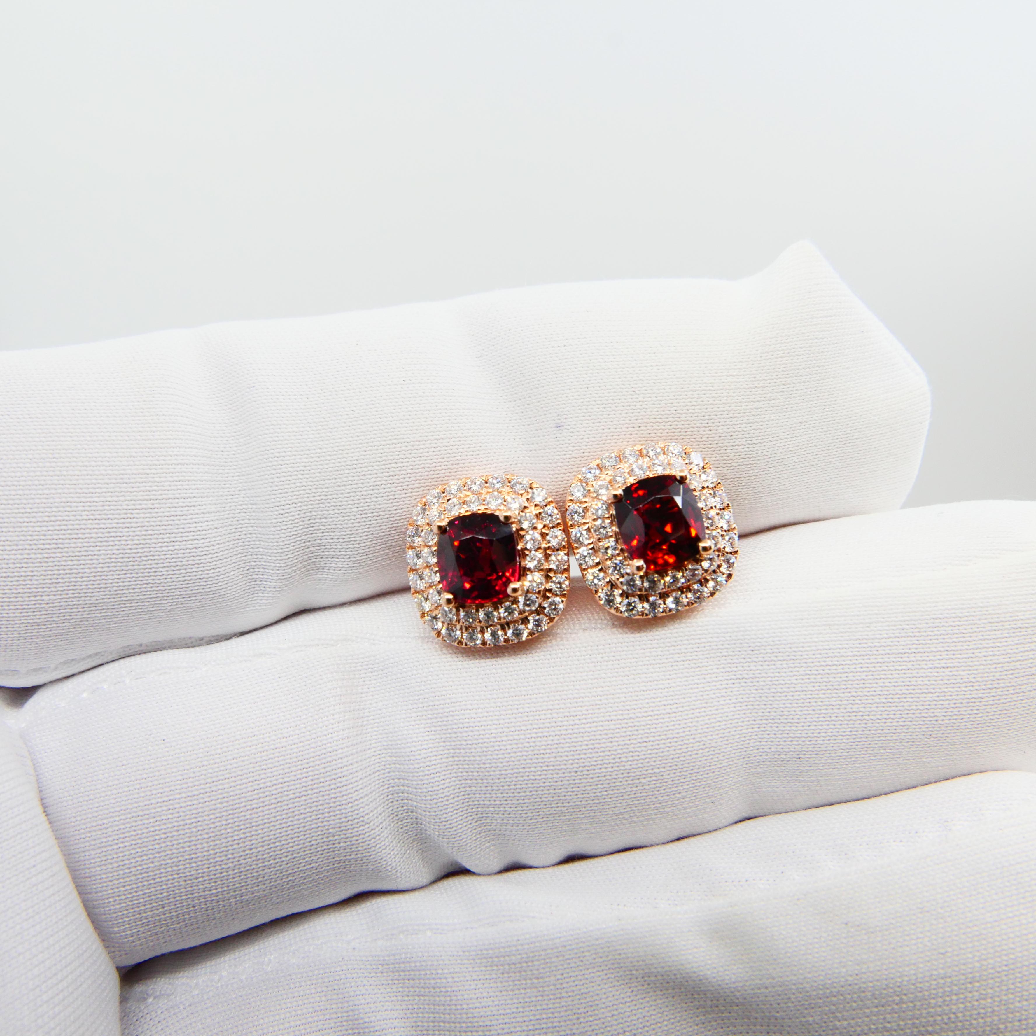 Natural Vivid Red Spinel and Double Halo Diamond Cushion Stud Earrings, Glows For Sale 1