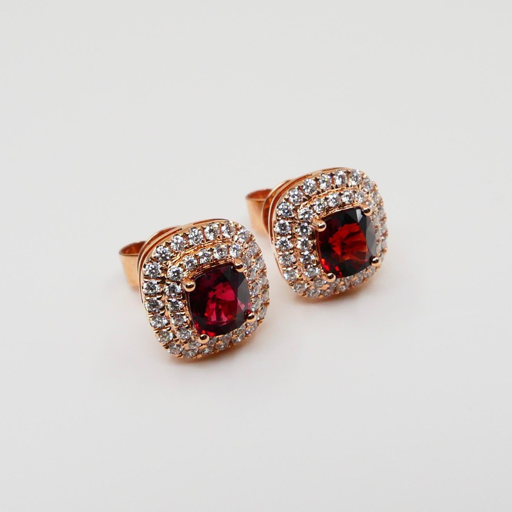 Natural Vivid Red Spinel and Double Halo Diamond Cushion Stud Earrings, Glows For Sale 2