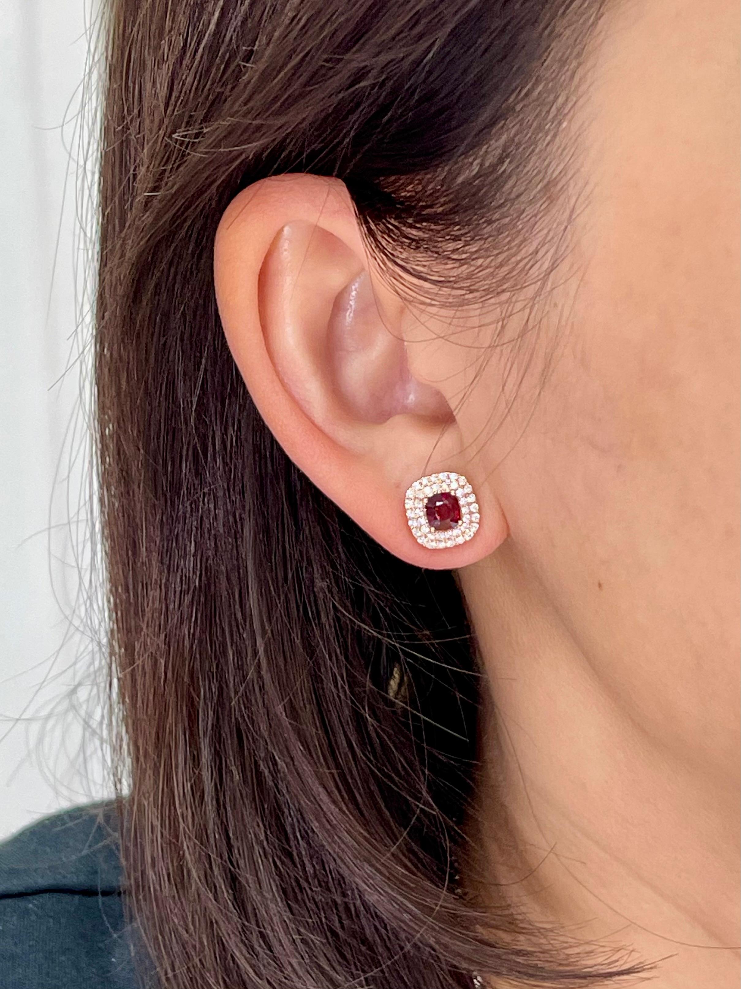 Please check out the HD video. Here is a pair of glowing vivid red spinel stud earrings. The earrings are set in 18k rose gold and diamonds. Two vivid red spinels total 1.47cts. There are 0.55Cts of round brilliant full cut diamonds in this double