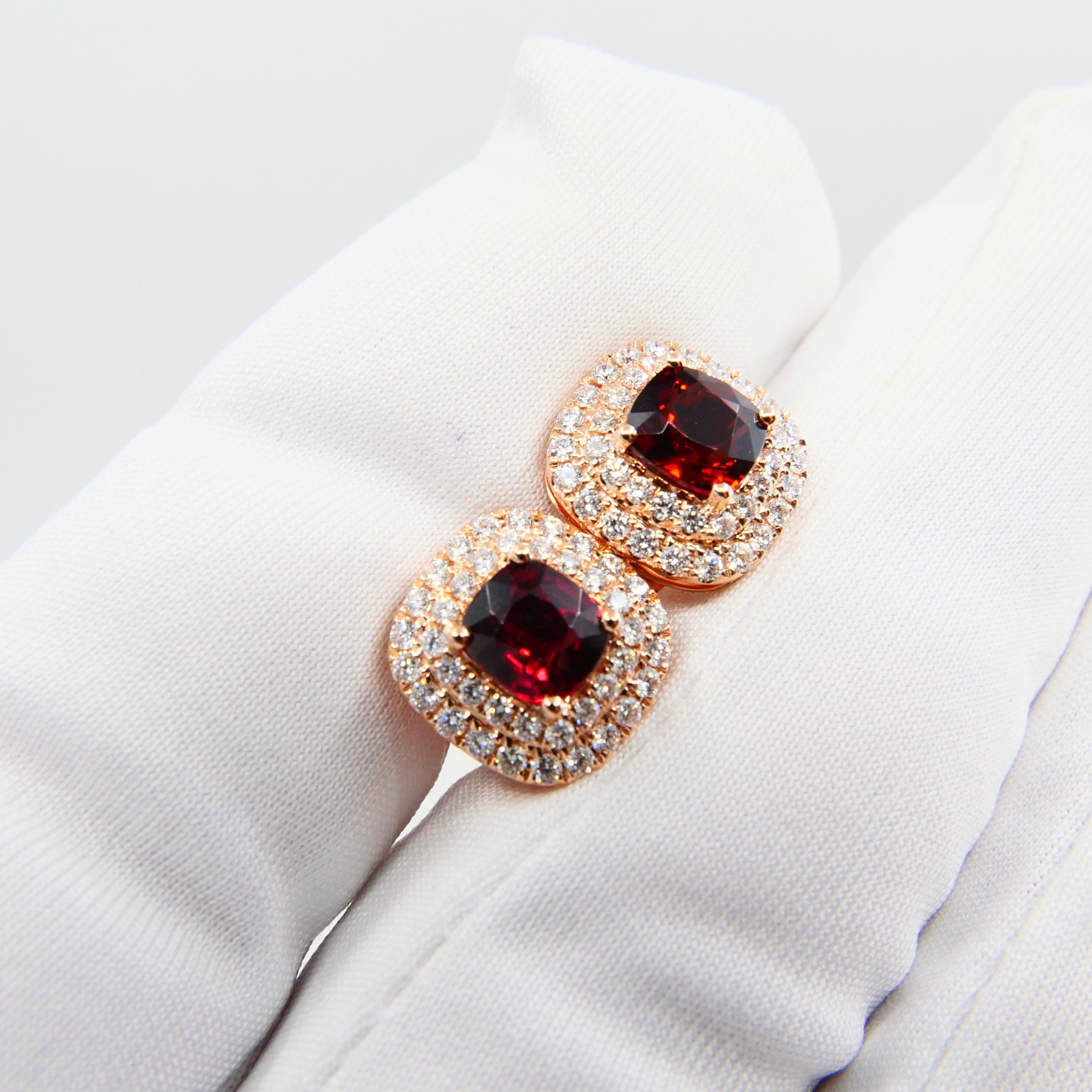 Contemporary Natural Vivid Red Spinel and Double Halo Diamond Cushion Stud Earrings, Glows For Sale