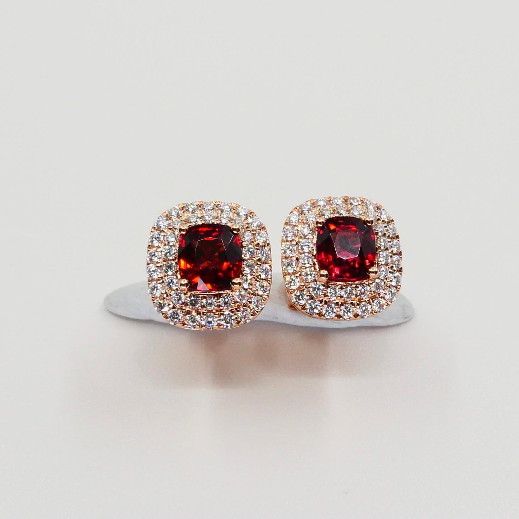 Cushion Cut Natural Vivid Red Spinel and Double Halo Diamond Cushion Stud Earrings, Glows For Sale