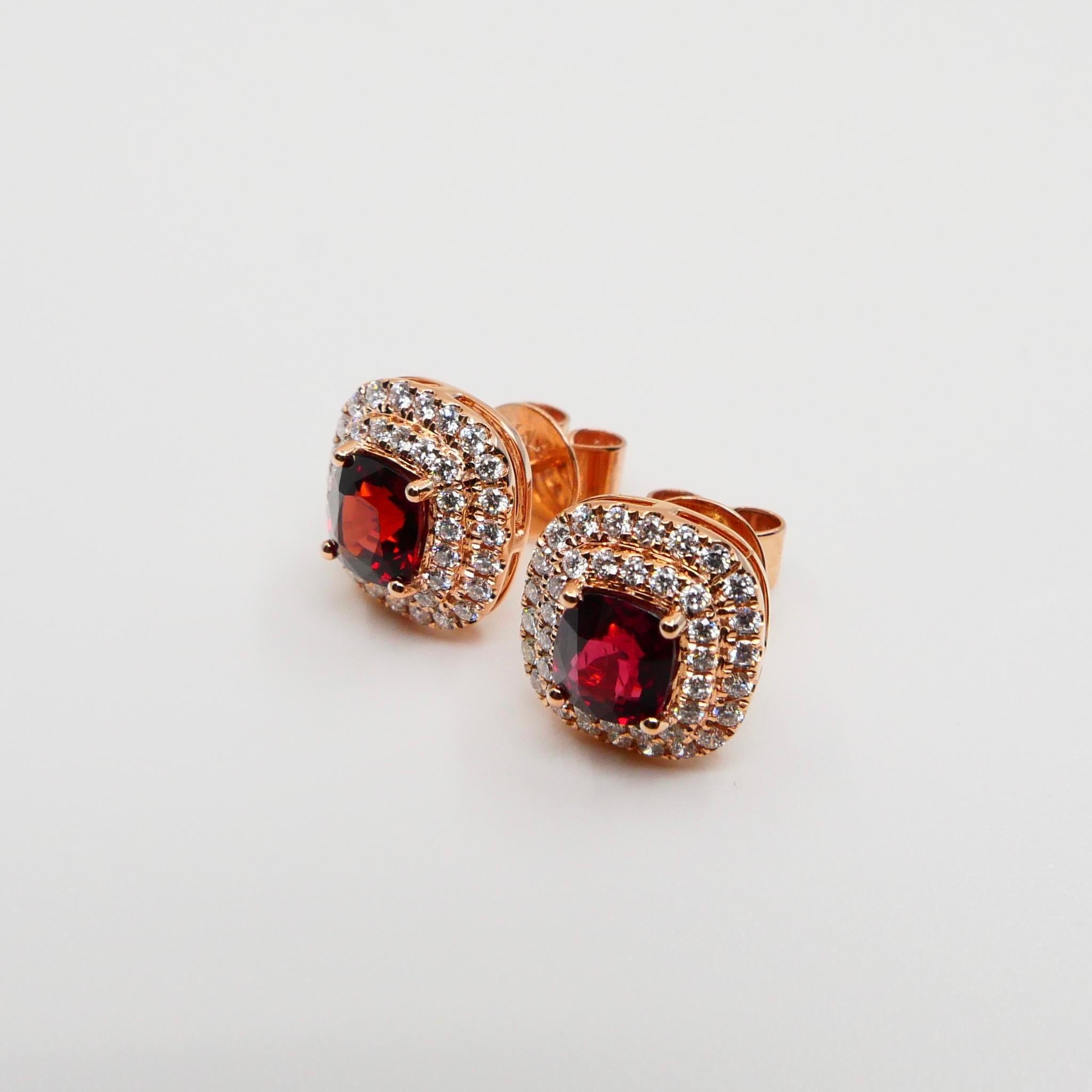 Natural Vivid Red Spinel and Double Halo Diamond Cushion Stud Earrings, Glows In New Condition For Sale In Hong Kong, HK
