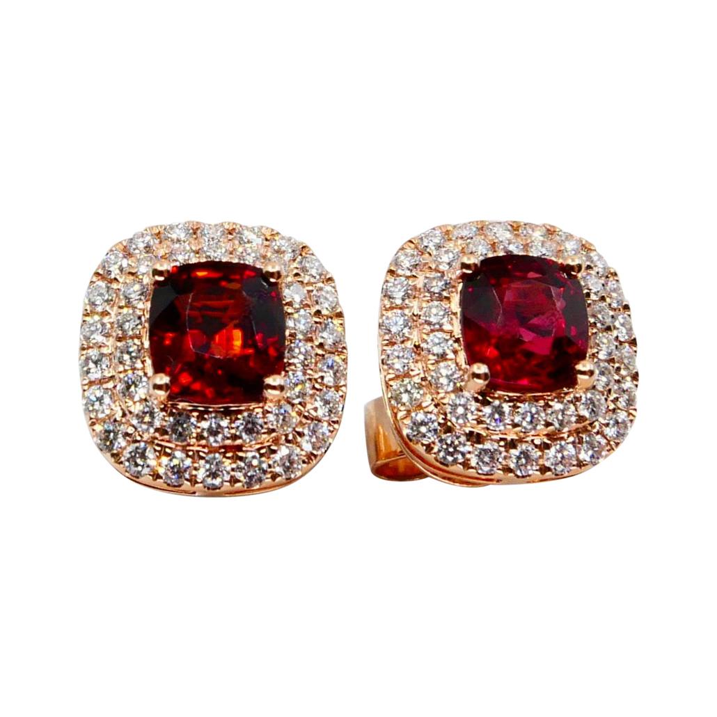 Natural Vivid Red Spinel and Double Halo Diamond Cushion Stud Earrings, Glows For Sale