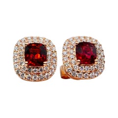 Natural Vivid Red Spinel and Double Halo Diamond Cushion Stud Earrings, Glows