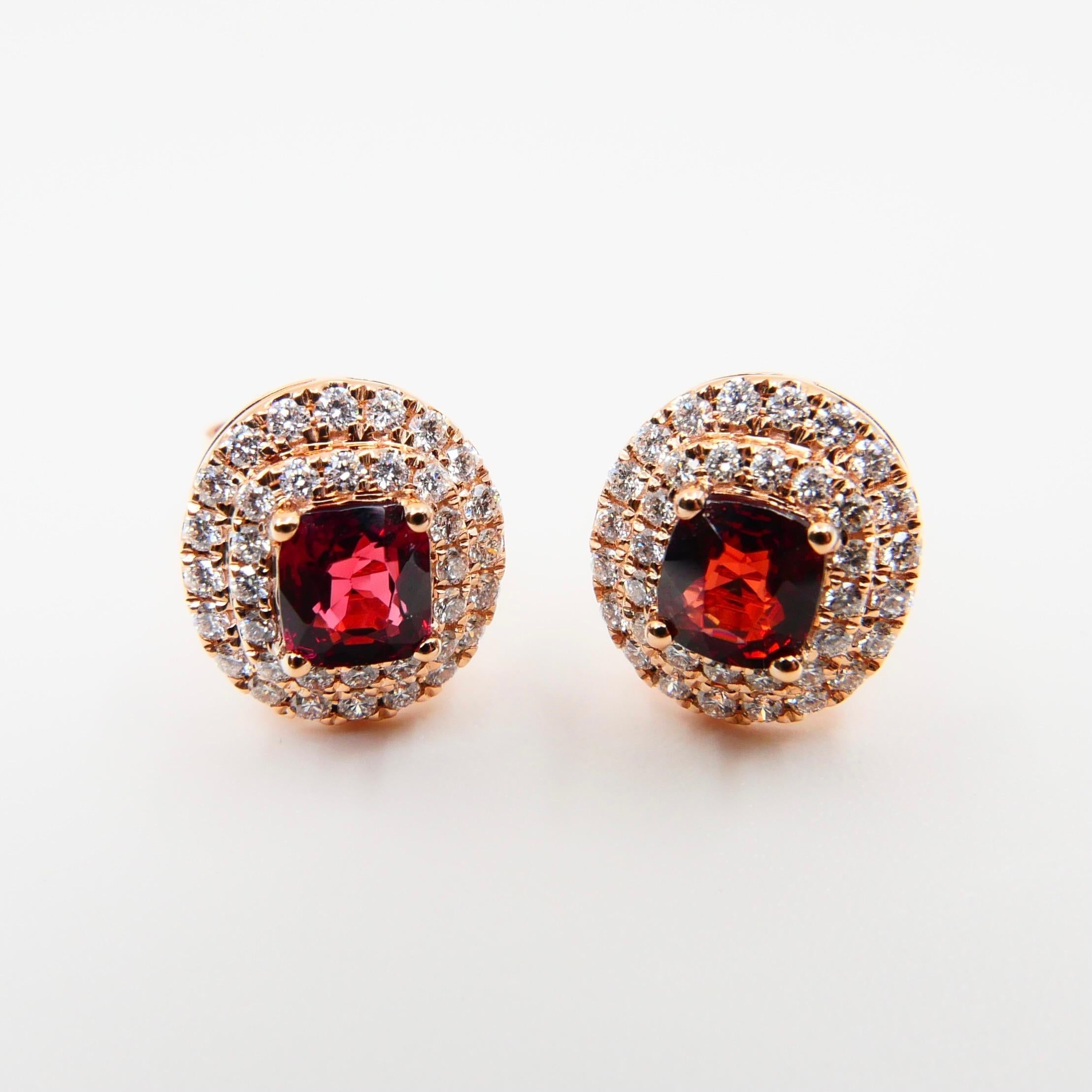 Natural Vivid Red Spinel and Double Halo Diamond Oval Stud Earrings, Glows For Sale 3