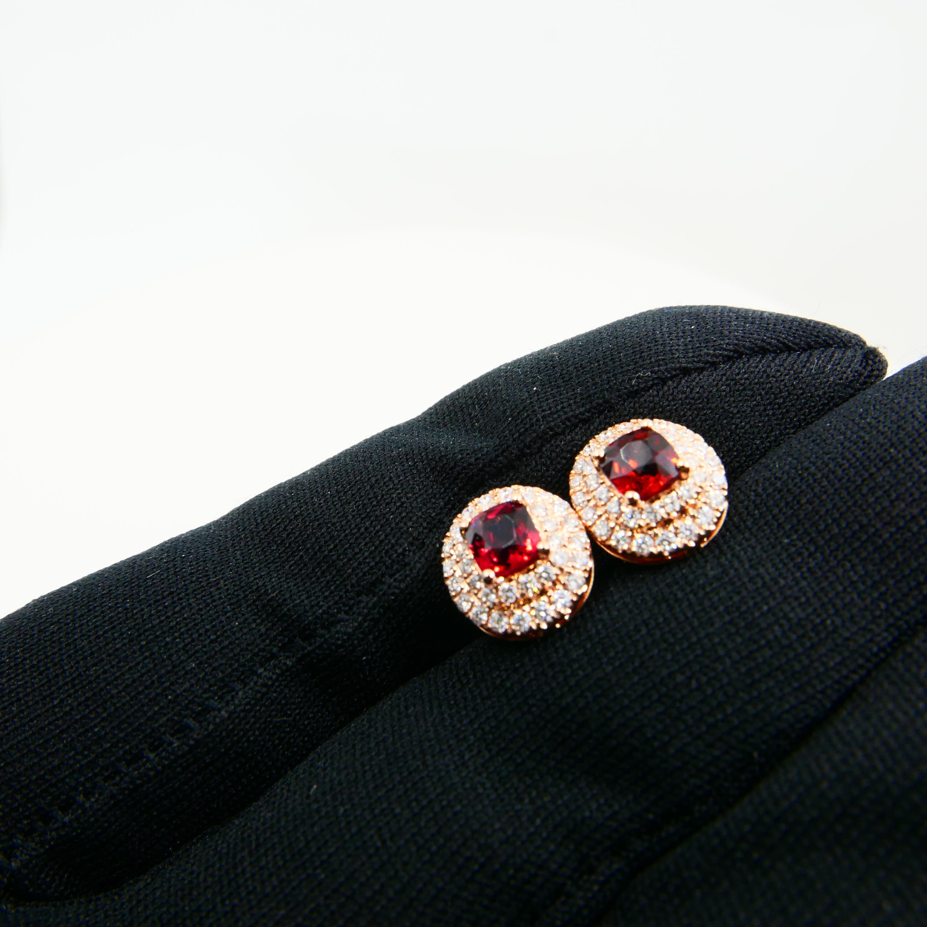 Contemporary Natural Vivid Red Spinel and Double Halo Diamond Oval Stud Earrings, Glows For Sale
