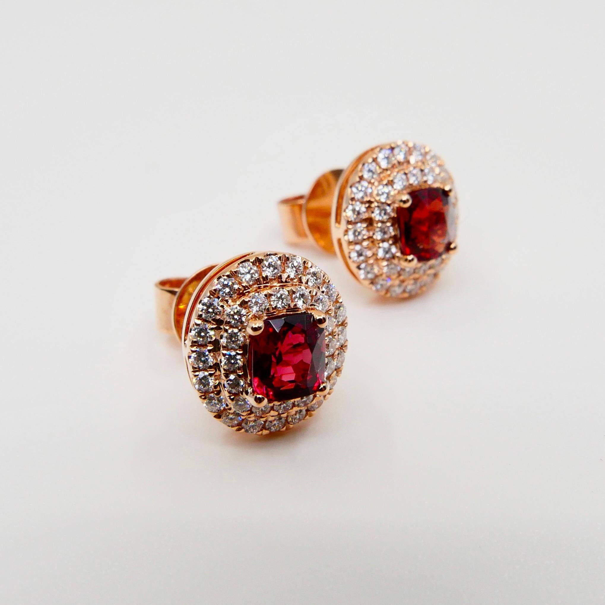 Cushion Cut Natural Vivid Red Spinel and Double Halo Diamond Oval Stud Earrings, Glows For Sale