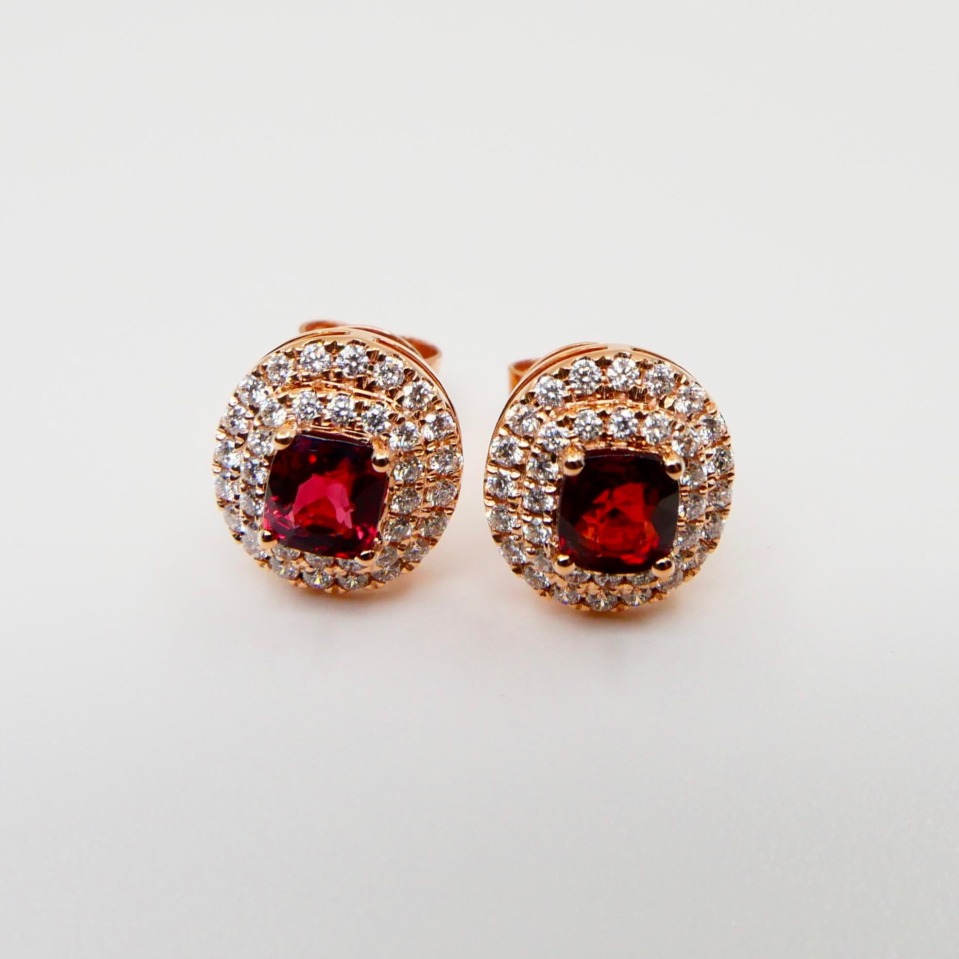 Women's Natural Vivid Red Spinel and Double Halo Diamond Oval Stud Earrings, Glows For Sale