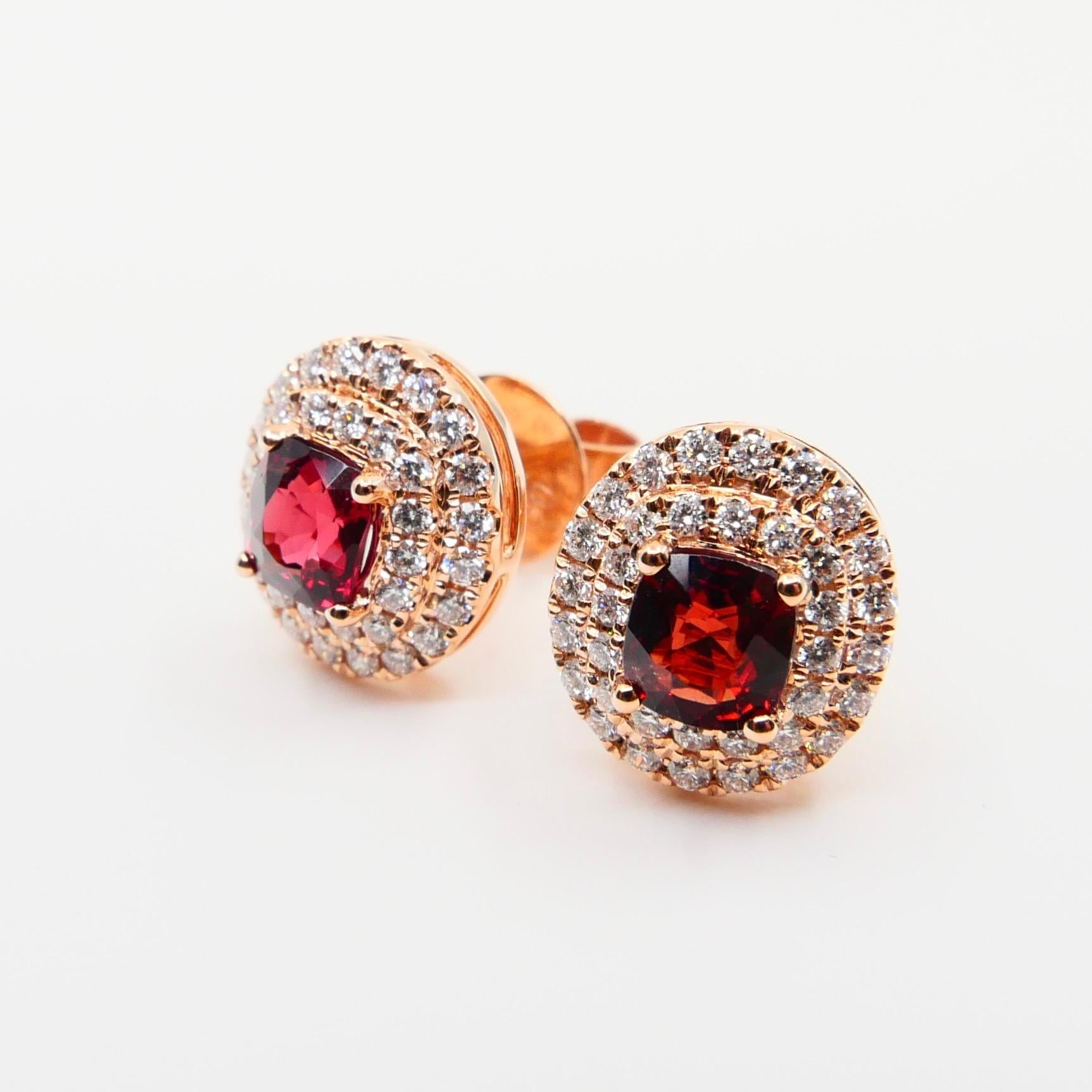 Natural Vivid Red Spinel and Double Halo Diamond Oval Stud Earrings, Glows For Sale 1