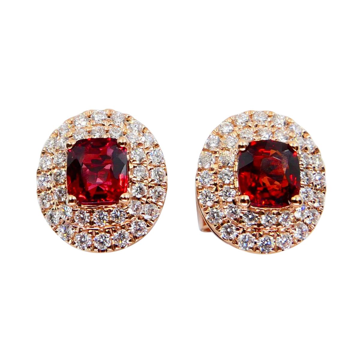 Natural Vivid Red Spinel and Double Halo Diamond Oval Stud Earrings, Glows For Sale