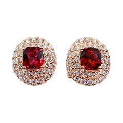 Natural Vivid Red Spinel and Double Halo Diamond Oval Stud Earrings, Glows