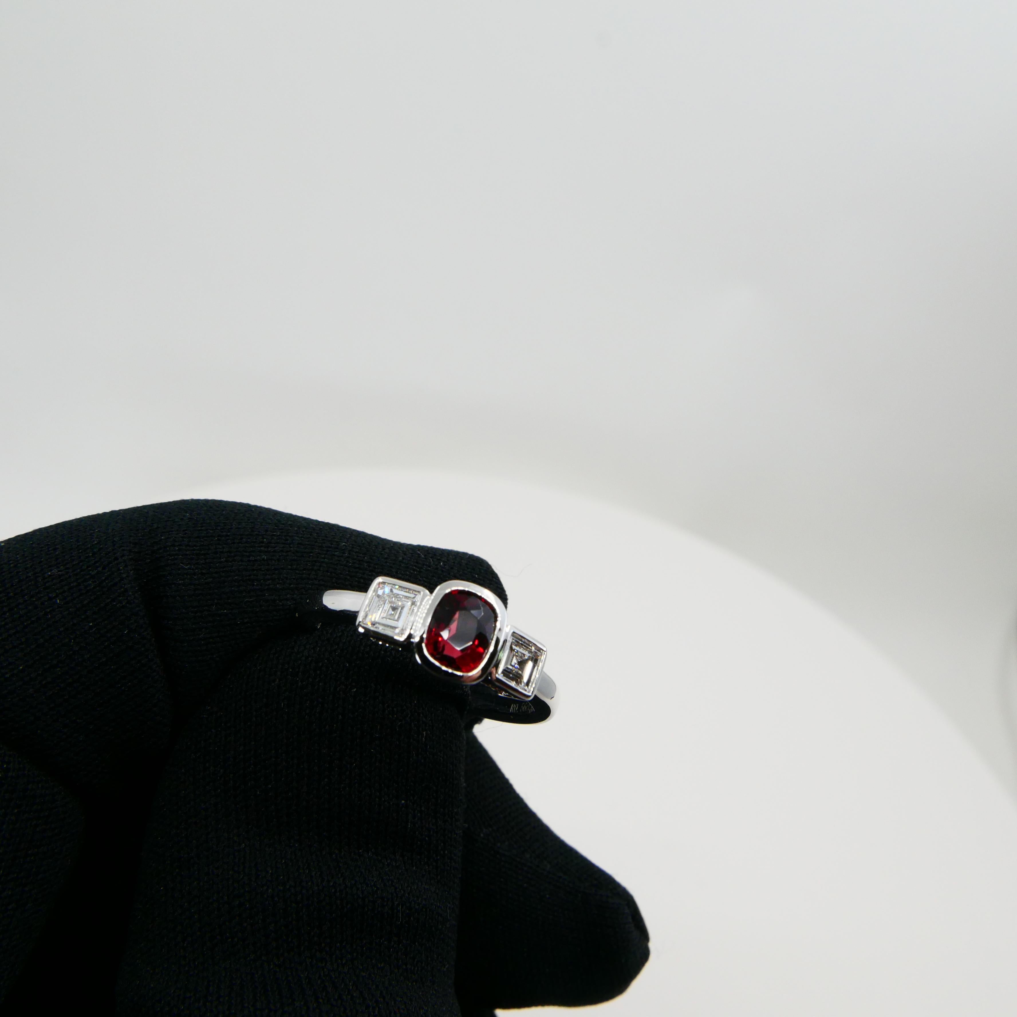 Natural Vivid Red Spinel & Diamond 3 Stone Cocktail Ring, Glows For Sale 6