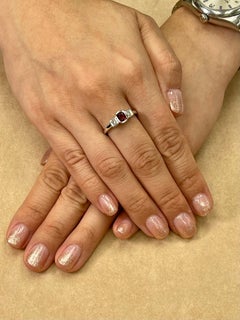 Natural Vivid Red Spinel 6.5mm x 5.5mm & Diamond 3 Stone Cocktail Ring, Glows