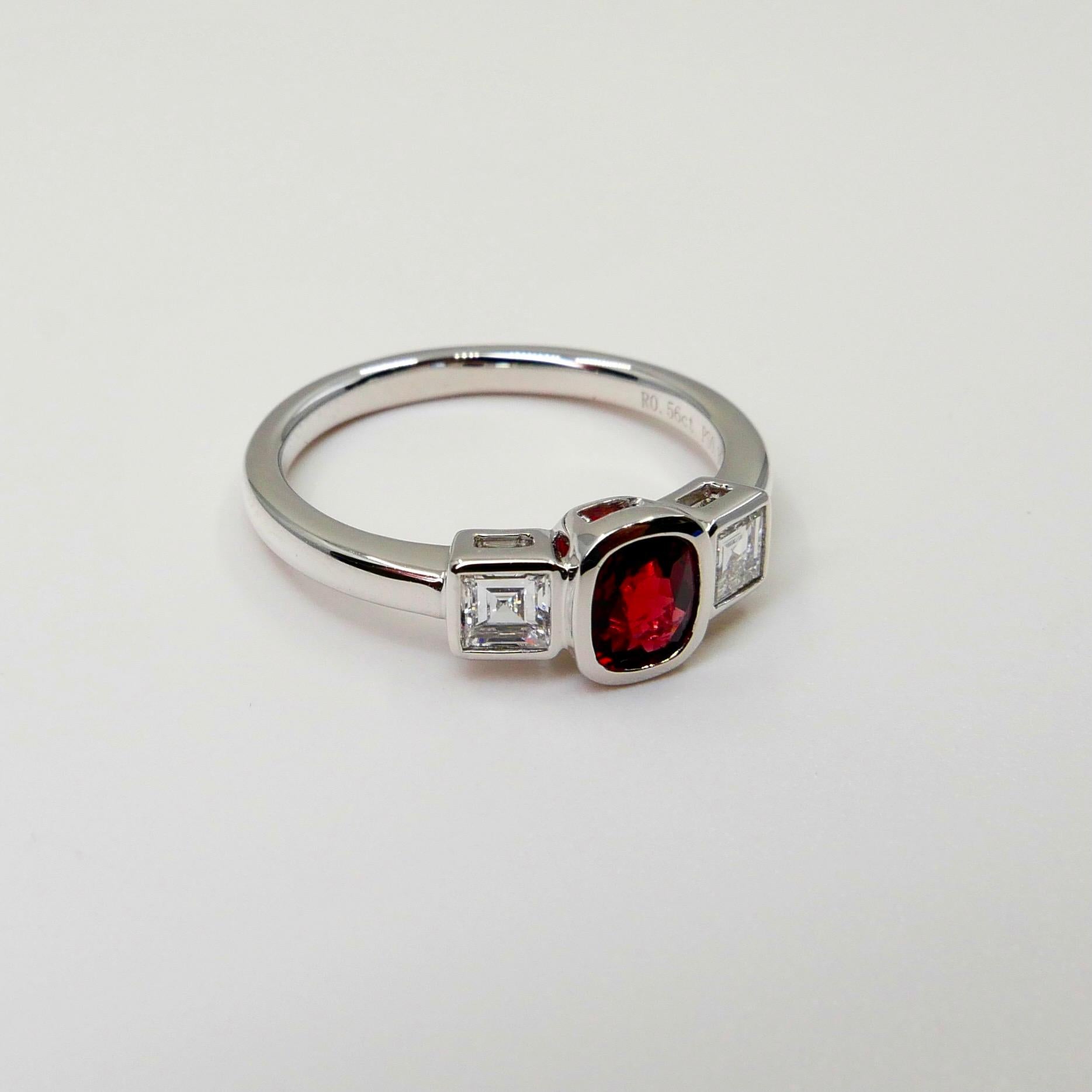 Cushion Cut Natural Vivid Red Spinel & Diamond 3 Stone Cocktail Ring, Glows For Sale