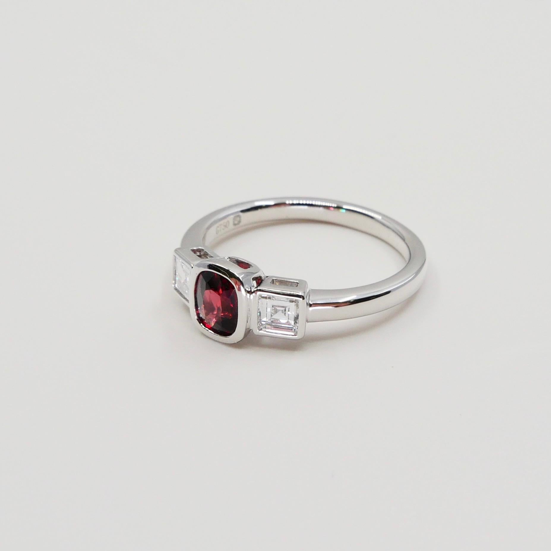 Natural Vivid Red Spinel & Diamond 3 Stone Cocktail Ring, Glows For Sale 3