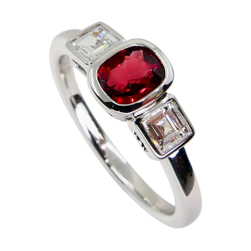 Natural Vivid Red Spinel & Diamond 3 Stone Cocktail Ring, Glows For Sale