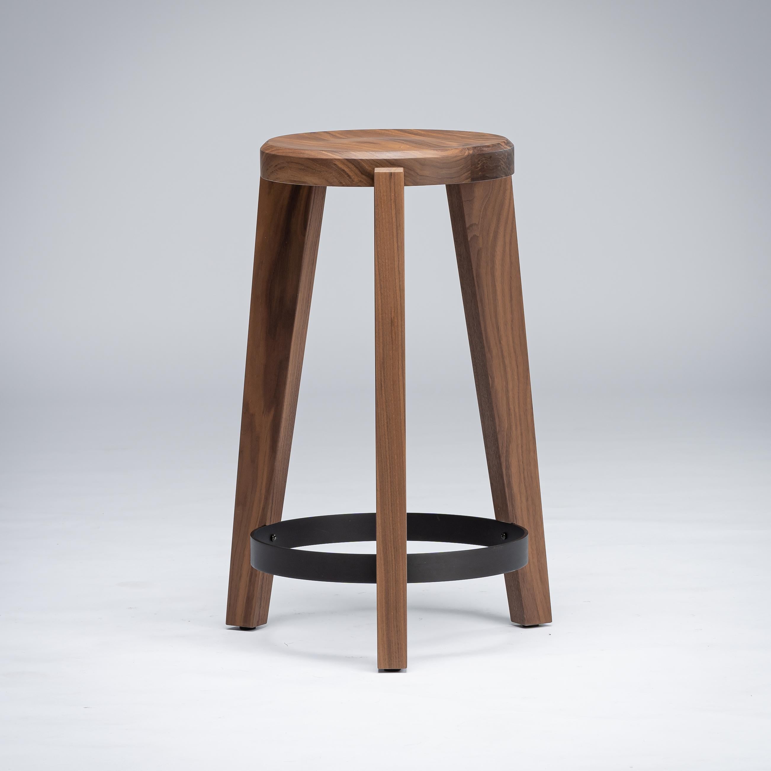 Natural Walnut Counter Stool with Solid Brass or Dark Bronze Base, Mandy Graham In New Condition For Sale In Torrance, CA