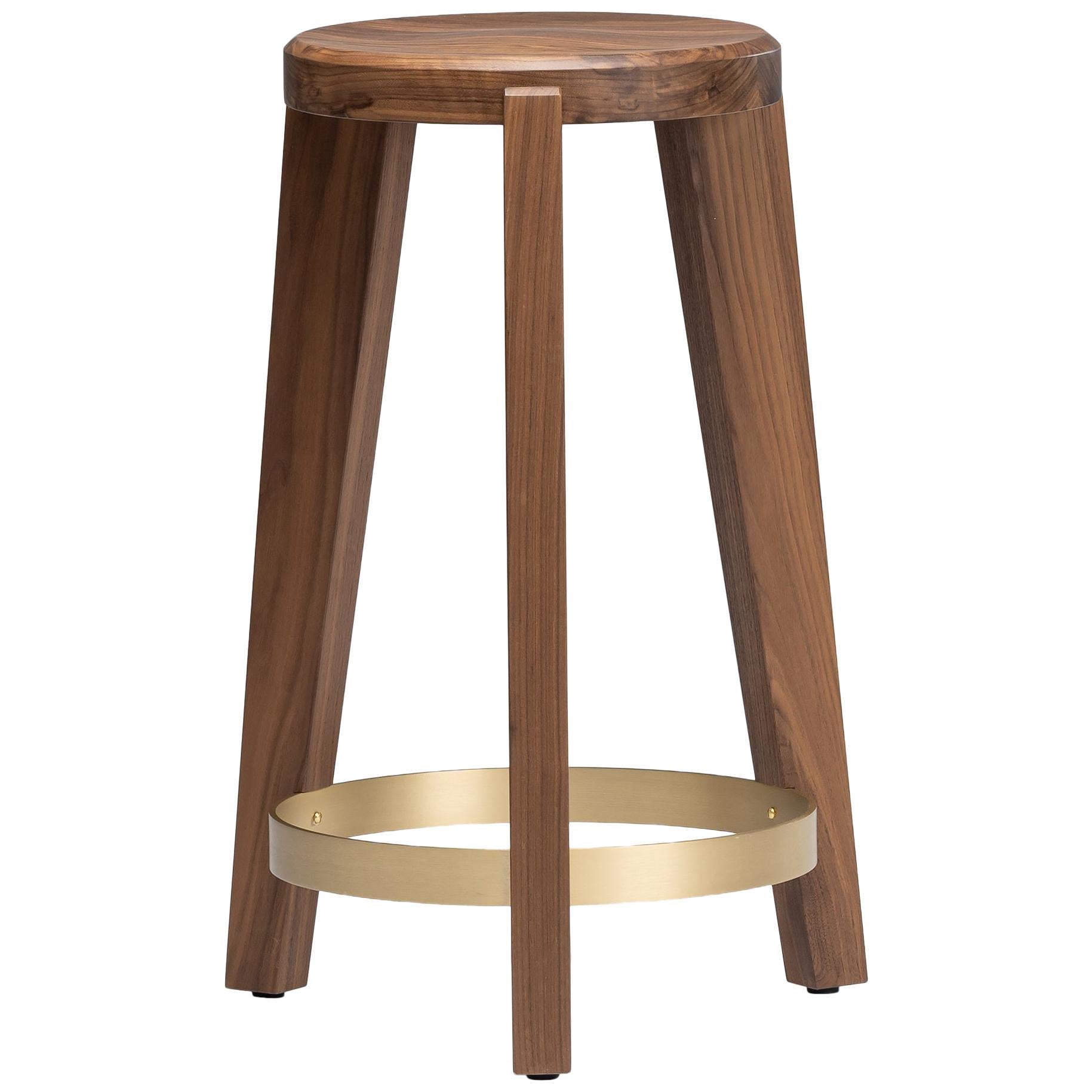 Natural Walnut Counter Stool with Solid Brass or Dark Bronze Base, Mandy Graham For Sale