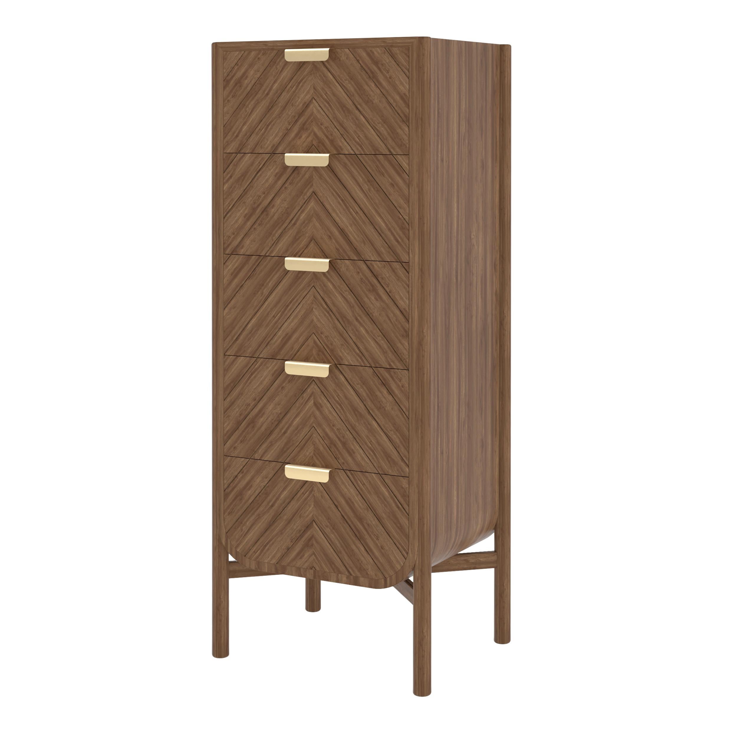 Natural Walnut Marius Chiffonier by HARTO
Dimensions: W 50.3 x D 42 x H 129.7 cm. 
Materials: Solid Wood, MDF wood veneer.  
Weight: 47.5 kg

A tall piece of furniture with many drawers, the Marius chest of drawers is just as comfortable in the