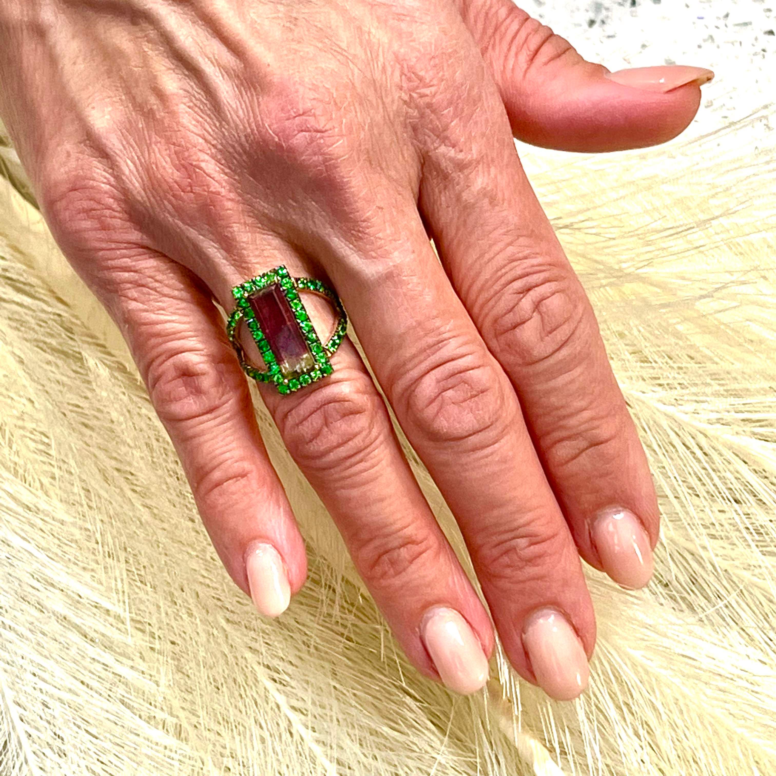 Women's Natural Watermelon Tourmaline Tsavorite Ring 7 14k YG 4.7 TCW Certified  For Sale