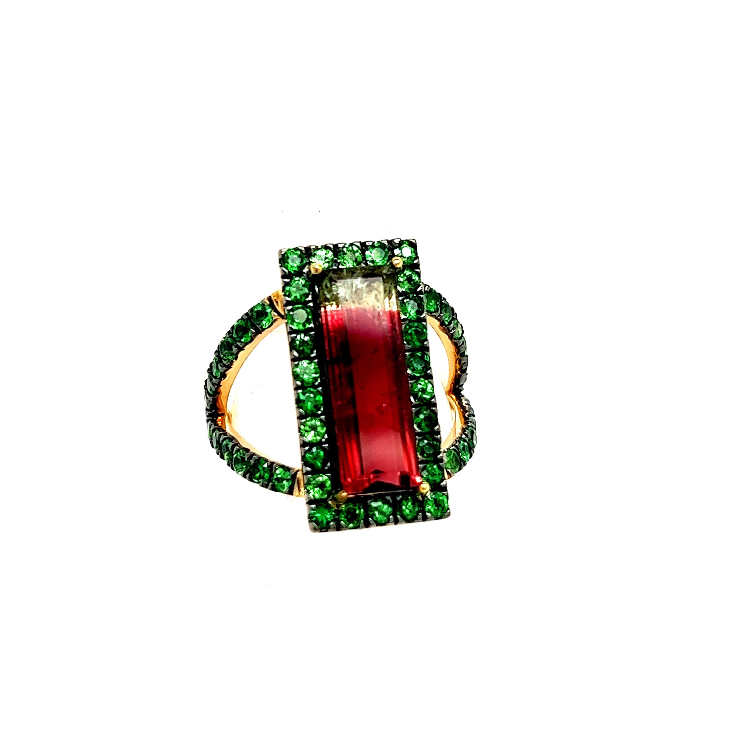 Natural Watermelon Tourmaline Tsavorite Ring 7 14k YG 4.7 TCW Certified  For Sale 1