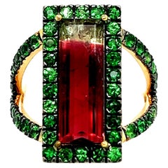 Bague en tourmaline melon d'eau naturelle Tsavorite 7 14k YG 4,7 TCW certifiée 5, 950 