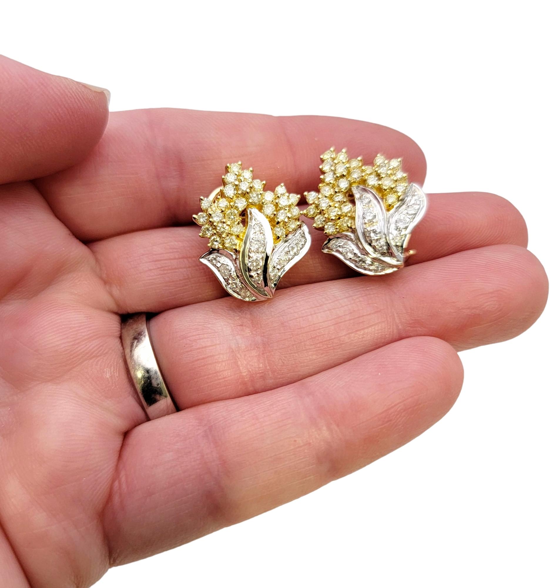 Natural White and Fancy Light Yellow Diamond Cluster Flame Two-Tone Earrings For Sale 6