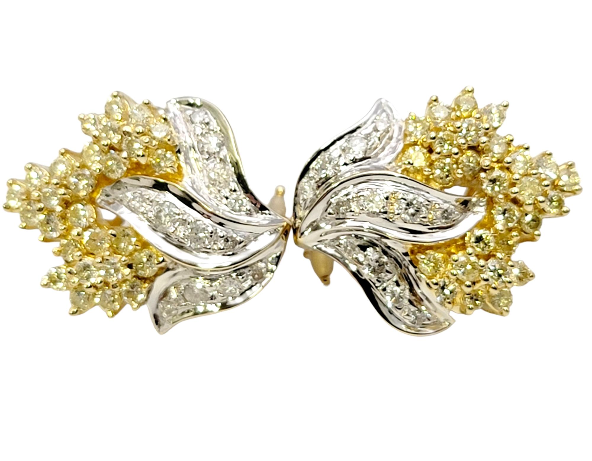 Contemporary Natural White and Fancy Light Yellow Diamond Cluster Flame Two-Tone Earrings For Sale