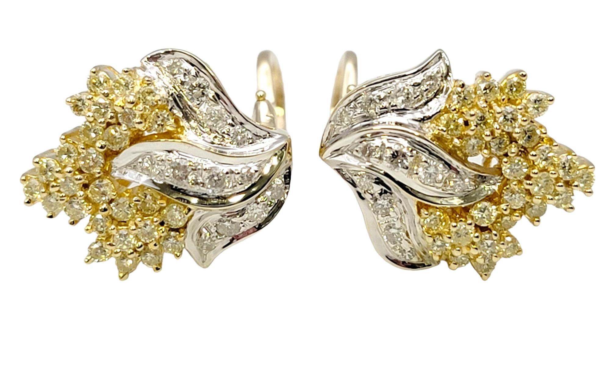 Round Cut Natural White and Fancy Light Yellow Diamond Cluster Flame Two-Tone Earrings For Sale