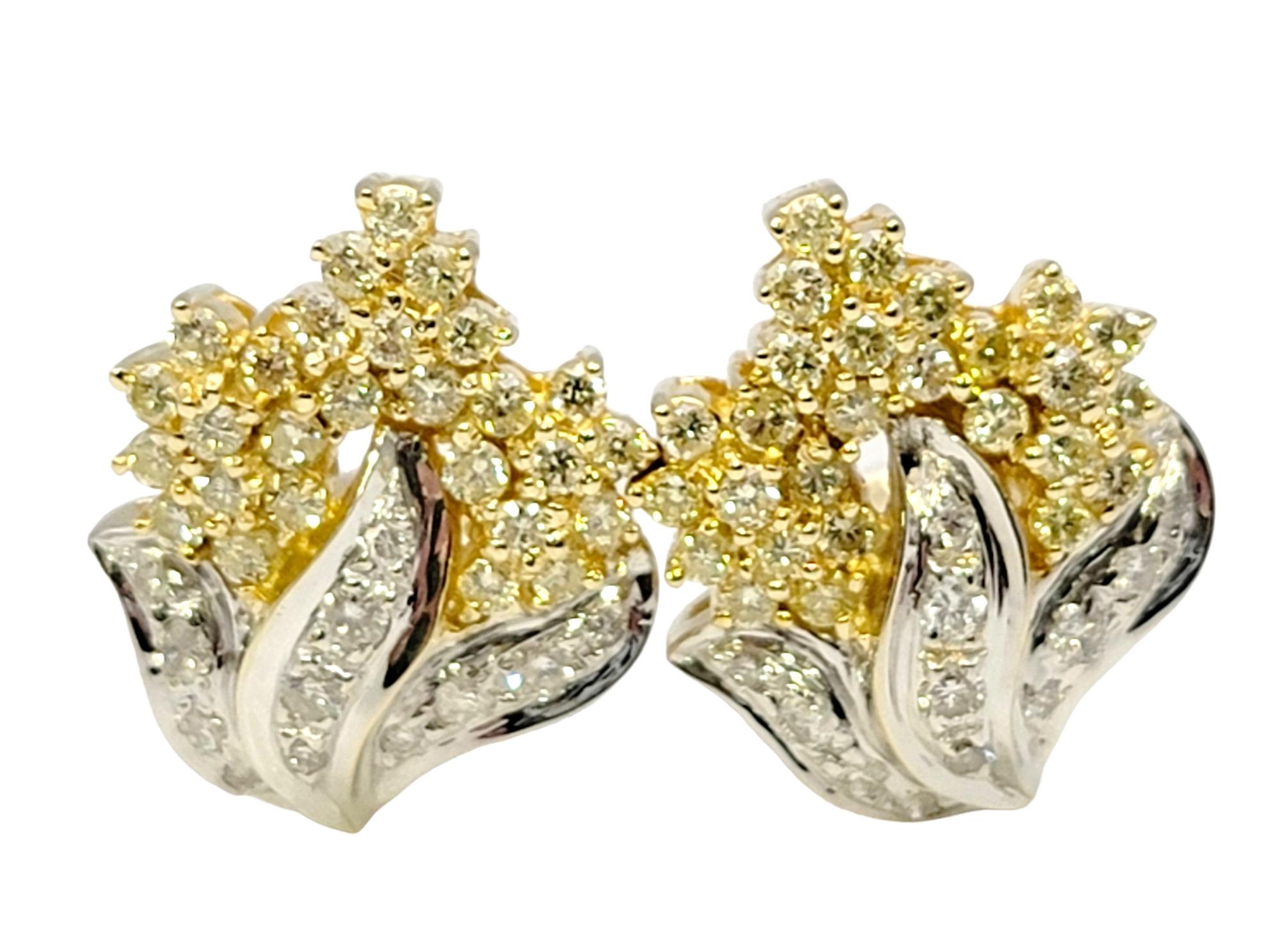 Natural White and Fancy Light Yellow Diamond Cluster Flame Two-Tone Earrings In Good Condition For Sale In Scottsdale, AZ