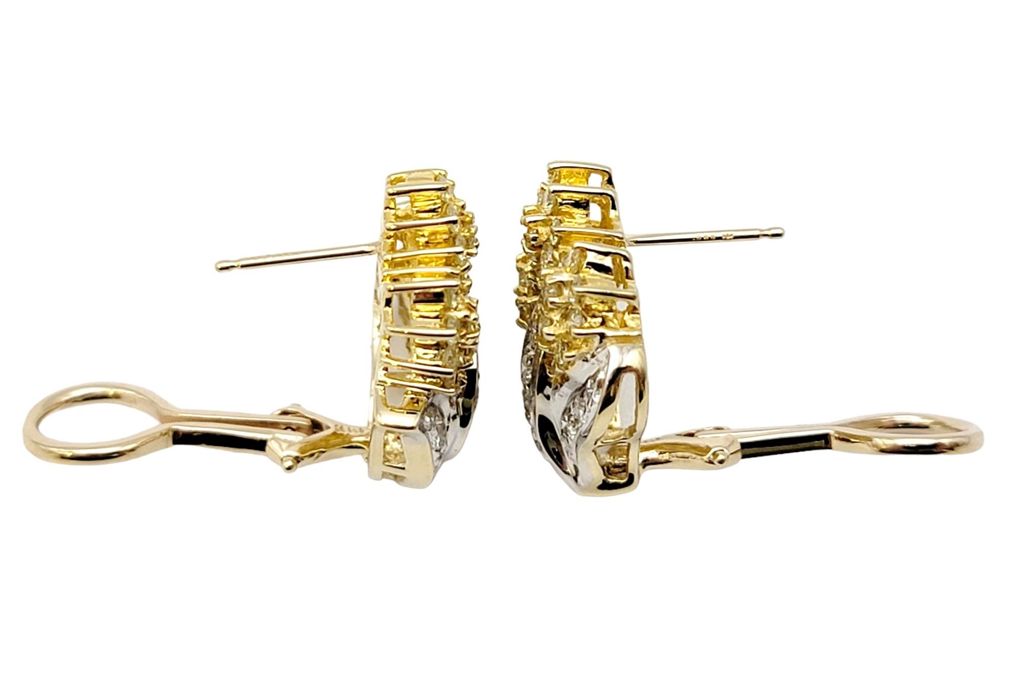 Natural White and Fancy Light Yellow Diamond Cluster Flame Two-Tone Earrings For Sale 1