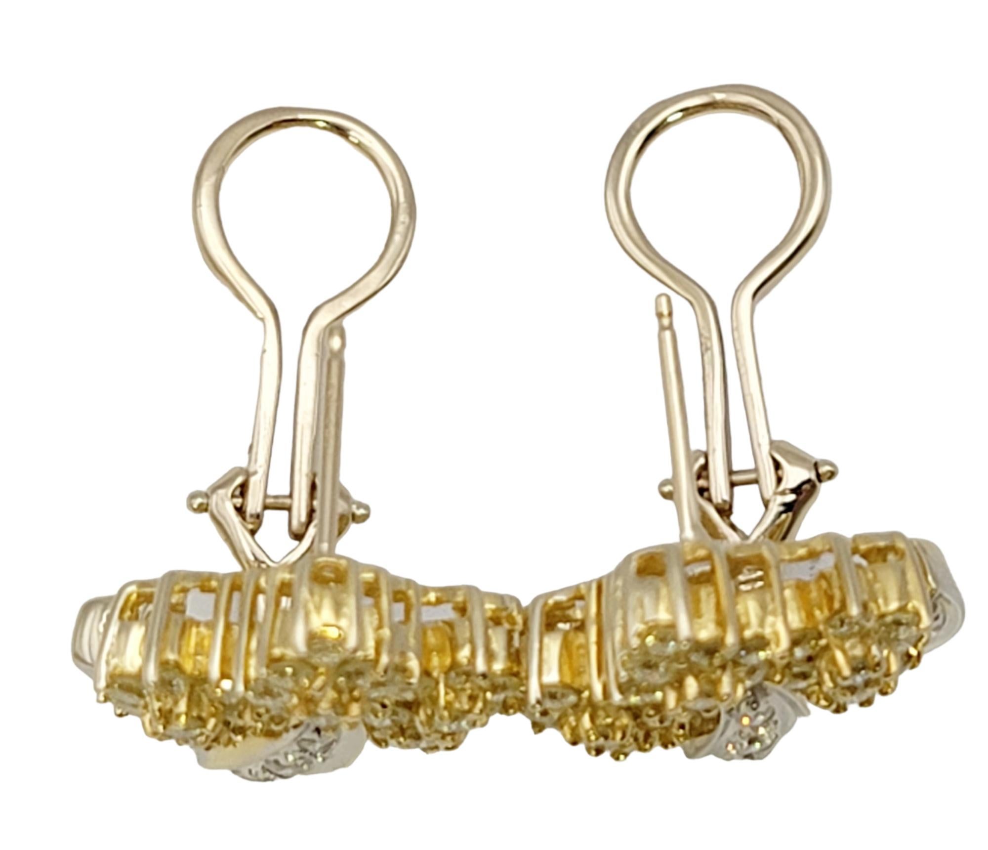 Natural White and Fancy Light Yellow Diamond Cluster Flame Two-Tone Earrings For Sale 3