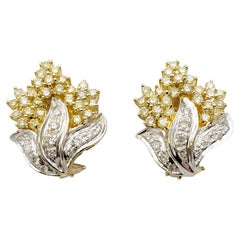 Natural White and Fancy Light Yellow Diamond Cluster Flame Two-Tone Earrings