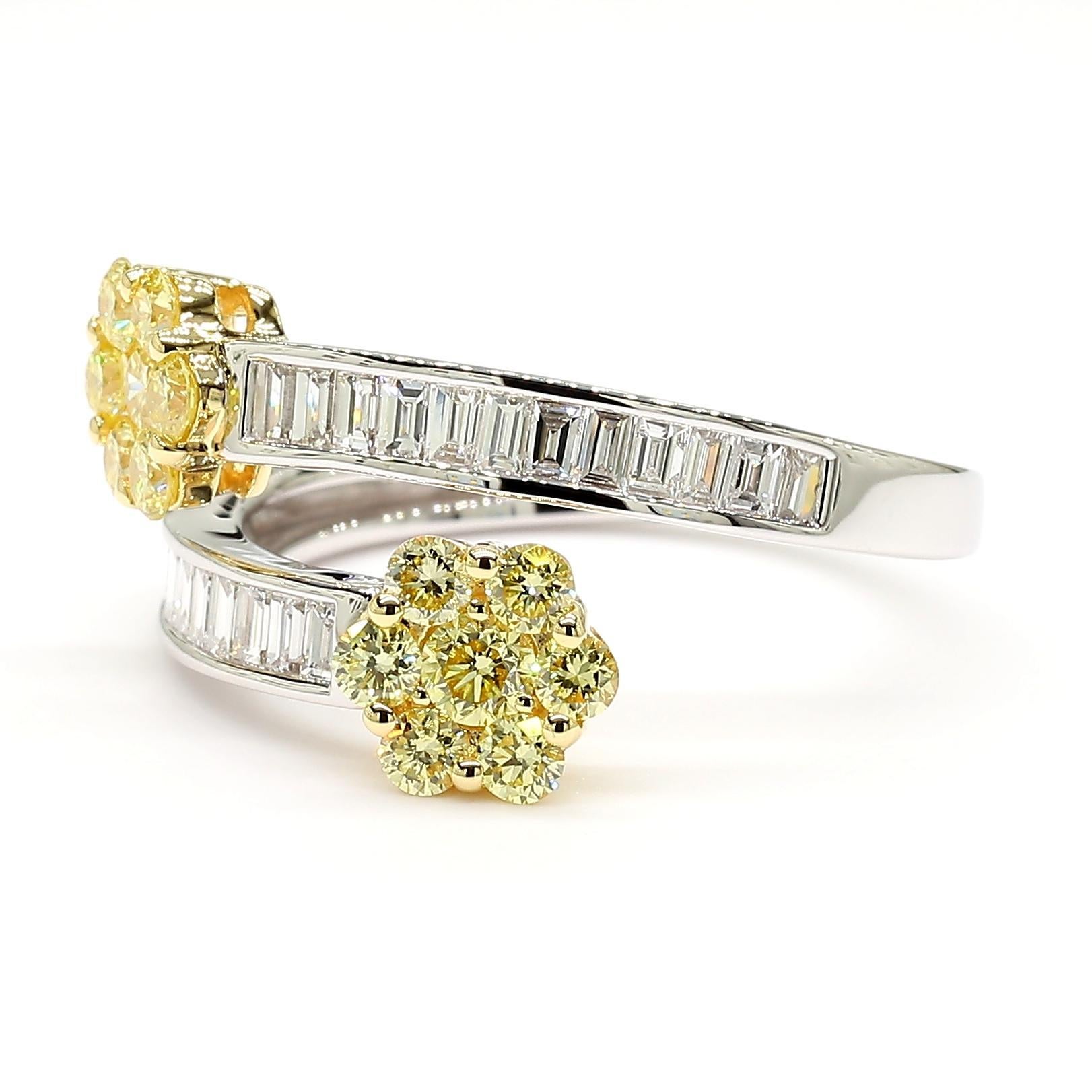 RareGemWorld's beautiful diamond band. Mounted in a beautiful 18K Yellow/White Gold setting with natural baguette cut white diamonds complimented by round natural yellow diamond melee. This band is guaranteed to impress and enhance your personal