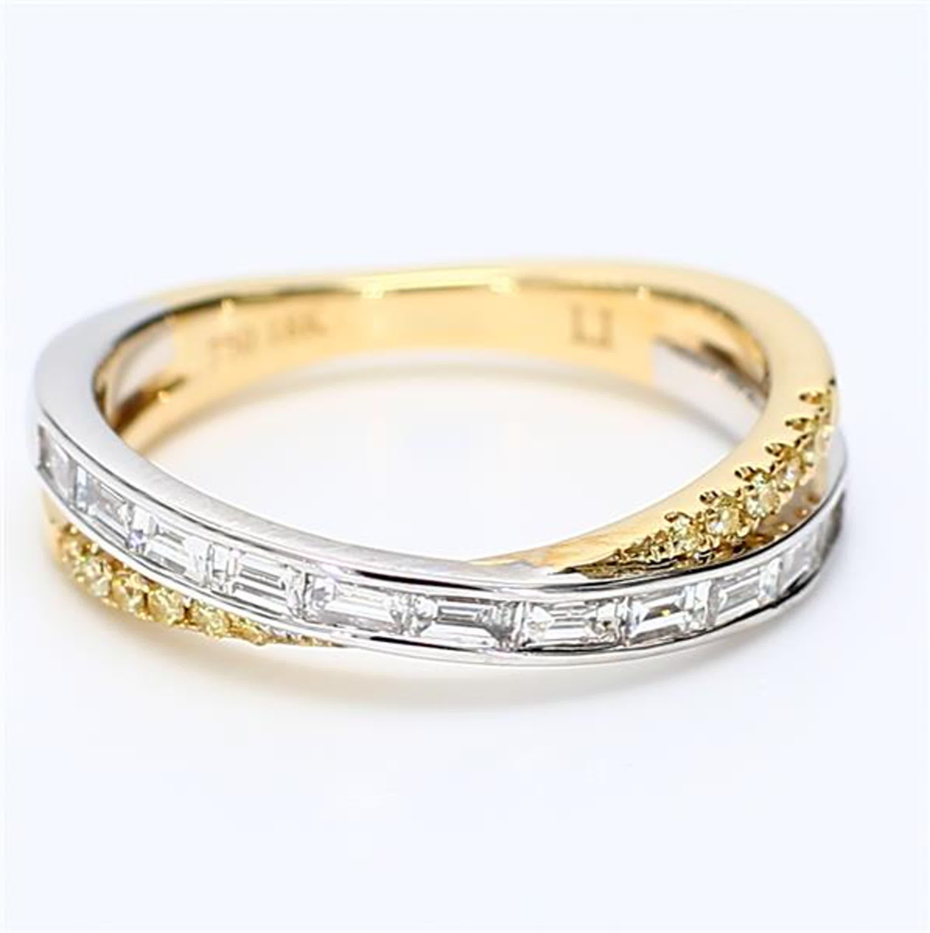 RareGemWorld's classic diamond band. Mounted in a beautiful 18K Yellow and White Gold setting with natural baguette white diamonds complimented by natural round yellow diamond melee. This band is guaranteed to impress and enhance your personal